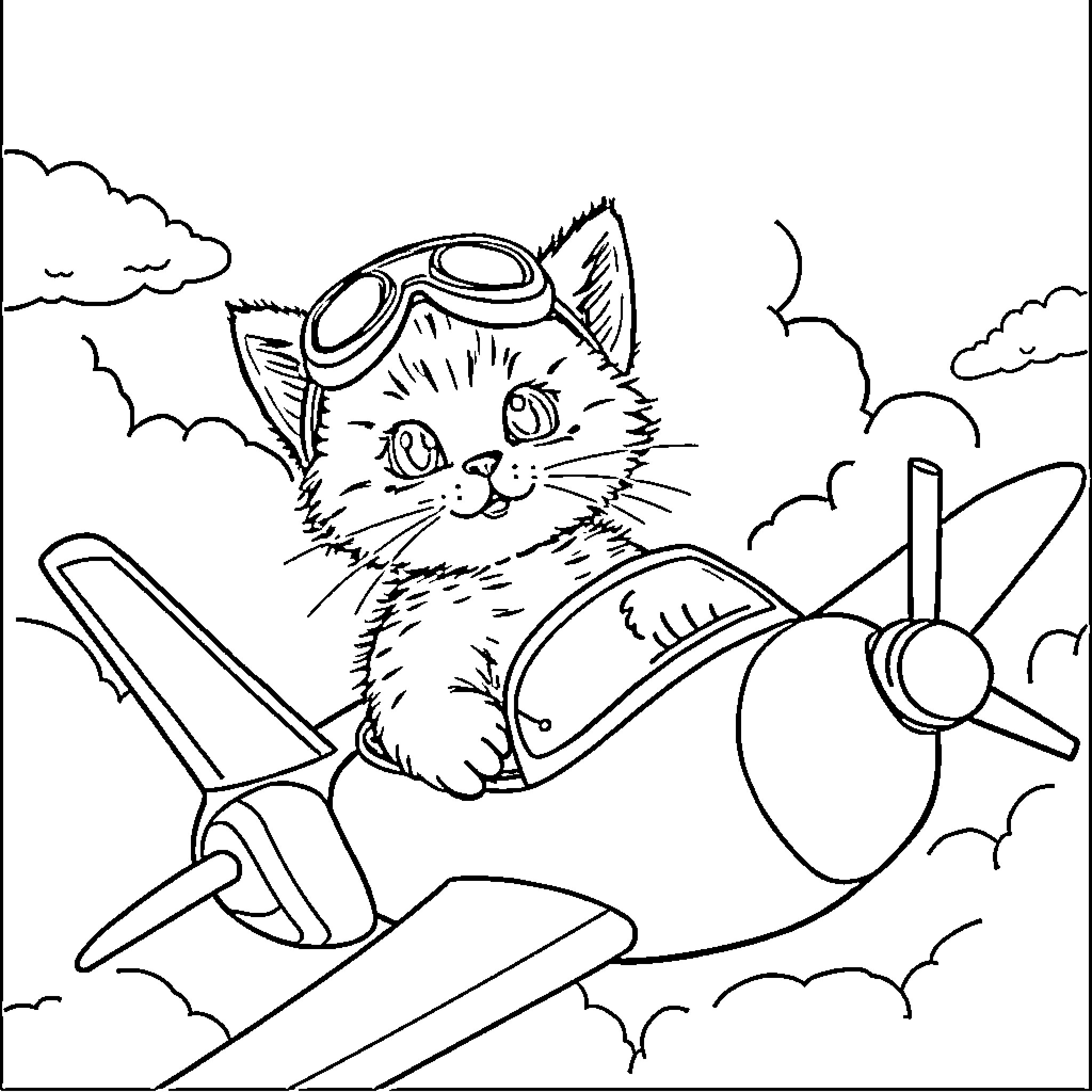 Kitten pilot flying a plane in the sky Coloring Page (free black-and-white line drawing printable PDF for all, from beginners to advanced learners, including children, teens, adults, and seniors)
