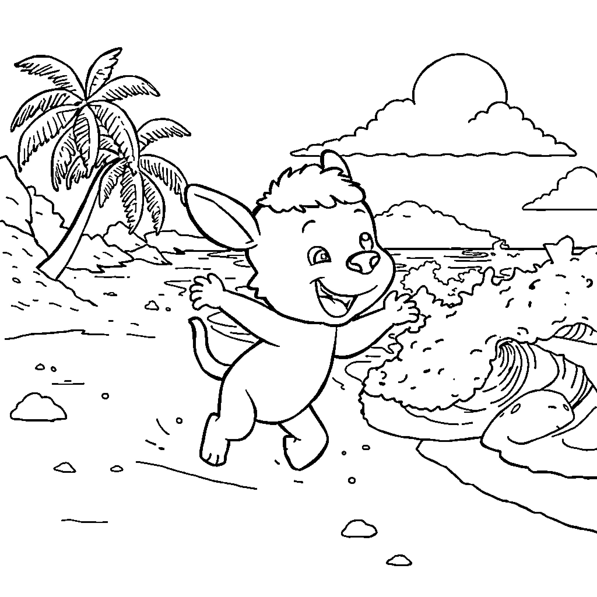 Labubu's Fun Day at the Beach Coloring Page (free black-and-white line drawing printable PDF for all, from beginners to advanced learners, including children, teens, adults, and seniors)