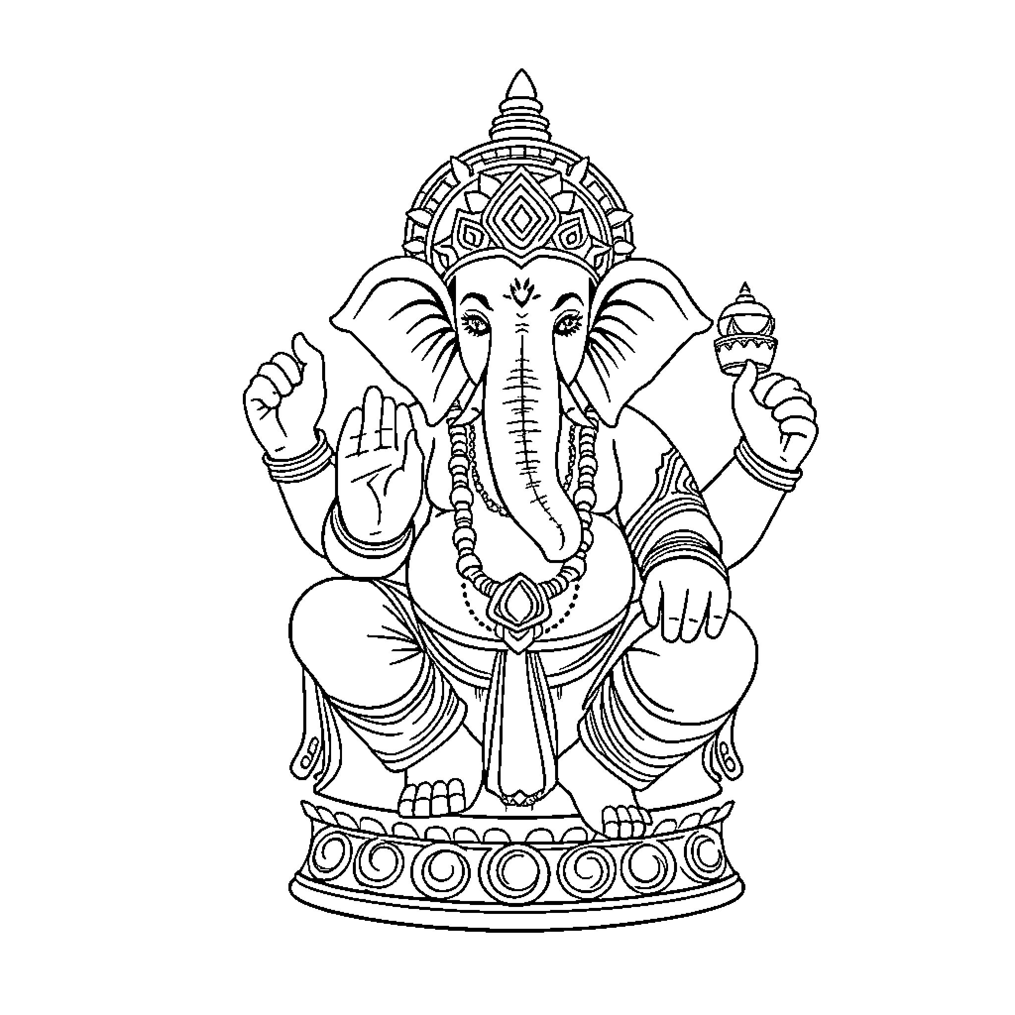 Ganesha, the Elephant-Headed Hindu Deity Coloring Page (free black-and-white line drawing printable PDF for all, from beginners to advanced learners, including children, teens, adults, and seniors)