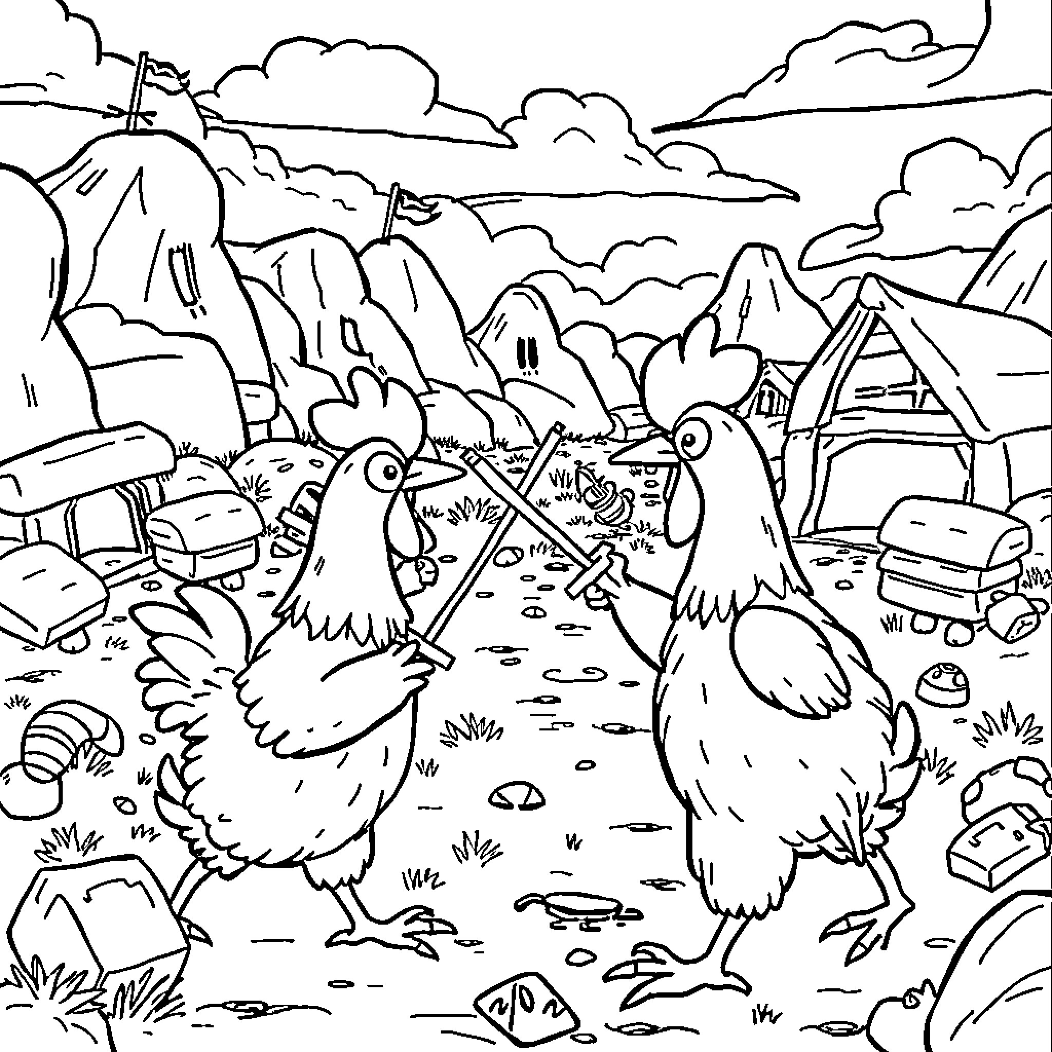 Chicken Nuggets exploring the great outdoors Coloring Page (free black-and-white line drawing printable PDF for all, from beginners to advanced learners, including children, teens, adults, and seniors)