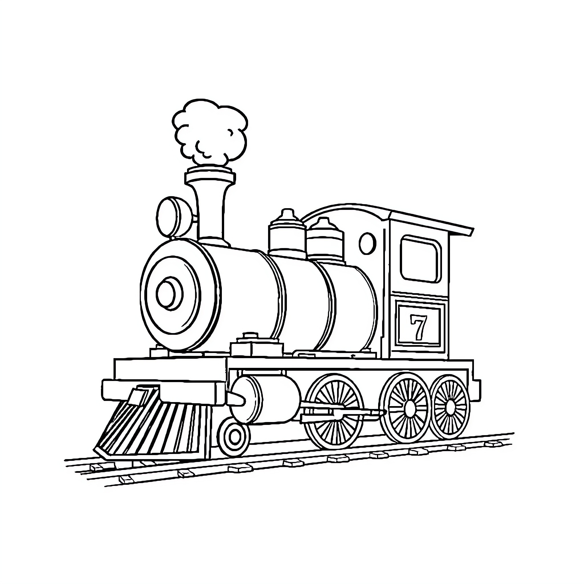 Locomotive steaming down the railway track Coloring Page (free black-and-white line drawing printable PDF for all, from beginners to advanced learners, including children, teens, adults, and seniors)
