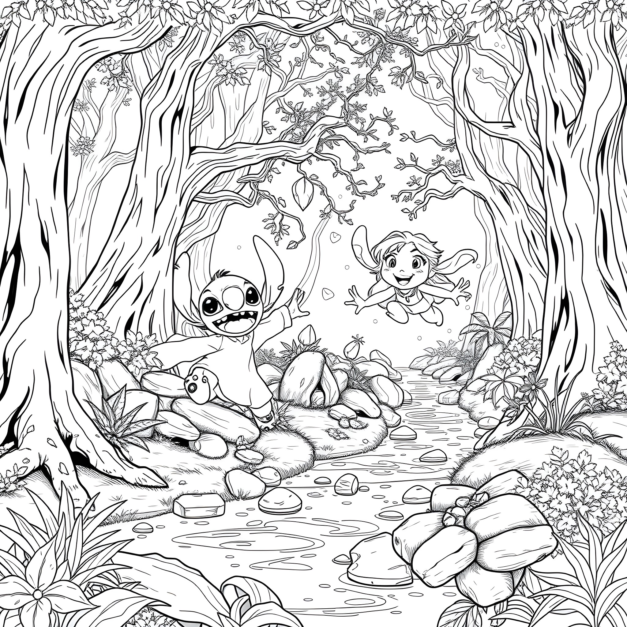 Stitch exploring the enchanted forest Coloring Page (free black-and-white line drawing printable PDF for all, from beginners to advanced learners, including children, teens, adults, and seniors)