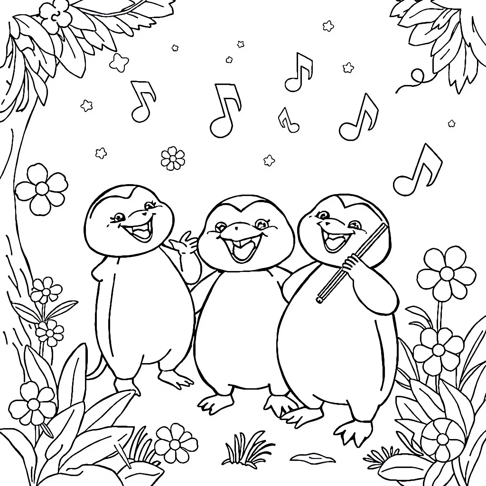 Tralalero Playful Penguins Singing and Dancing Coloring Page (free black-and-white line drawing printable PDF for all, from beginners to advanced learners, including children, teens, adults, and seniors)