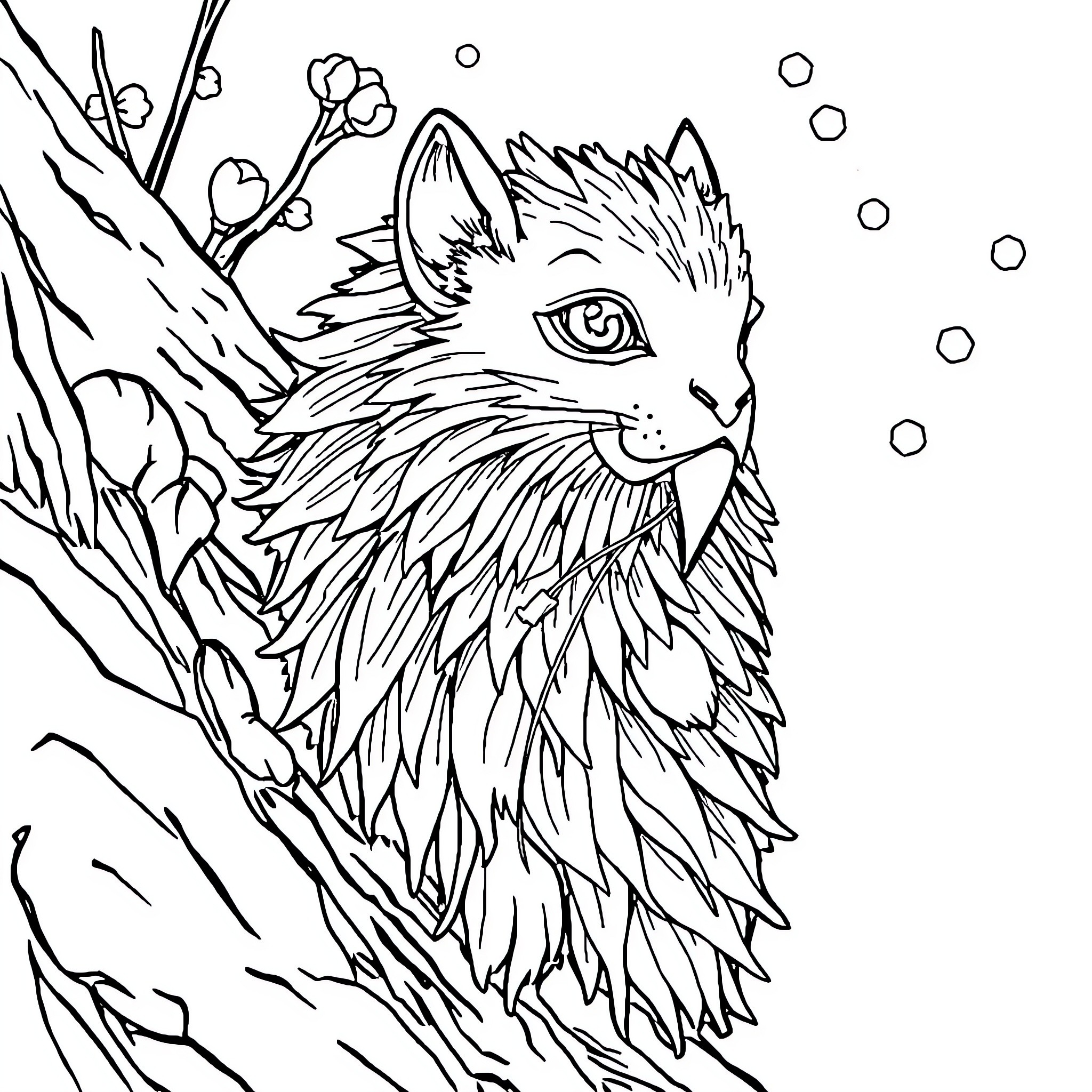 Food for Feline: Playful Cat in Nature Coloring Page (free black-and-white line drawing printable PDF for all, from beginners to advanced learners, including children, teens, adults, and seniors)