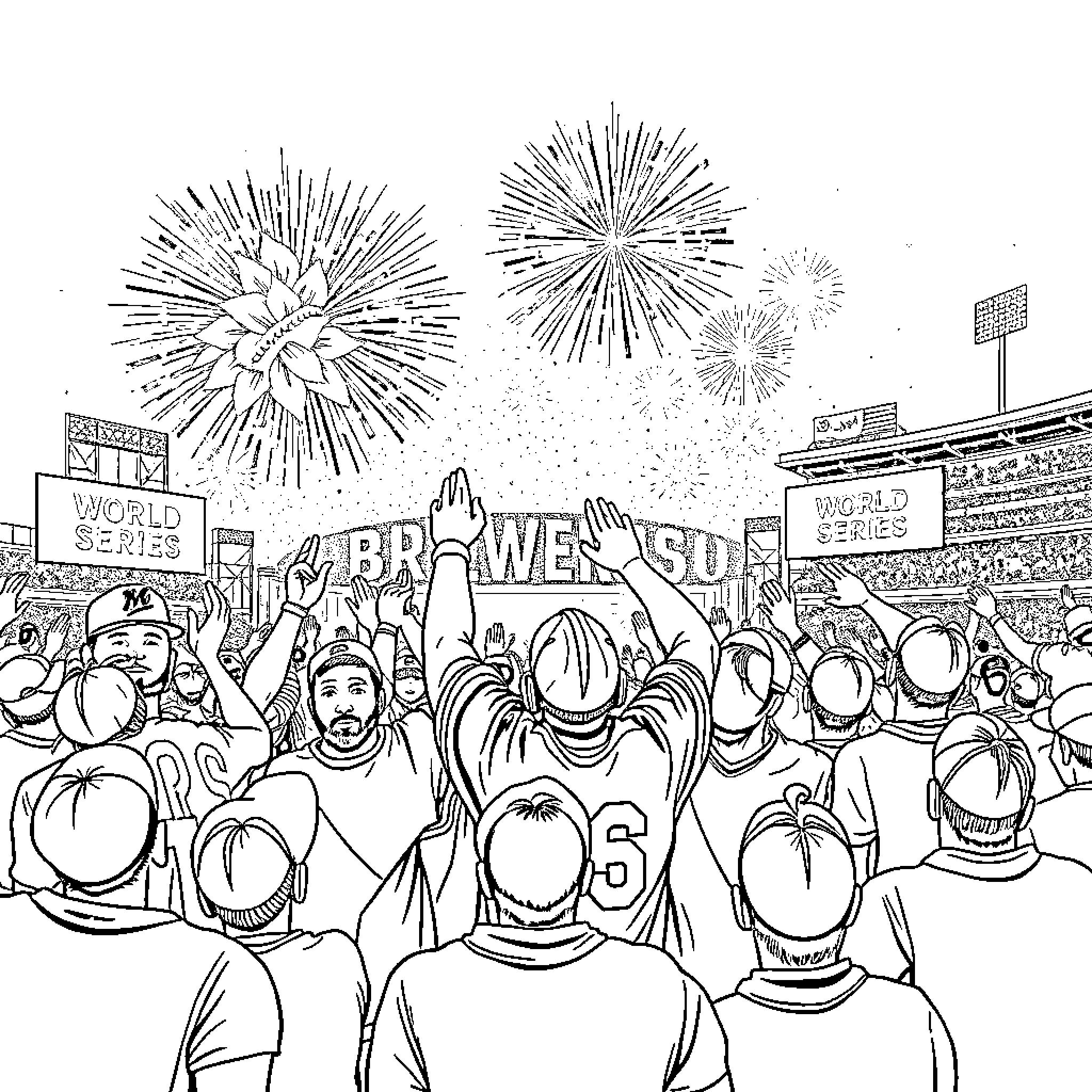 Brewers fans celebrate World Series victory with fireworks Coloring Page (free black-and-white line drawing printable PDF for all, from beginners to advanced learners, including children, teens, adults, and seniors)