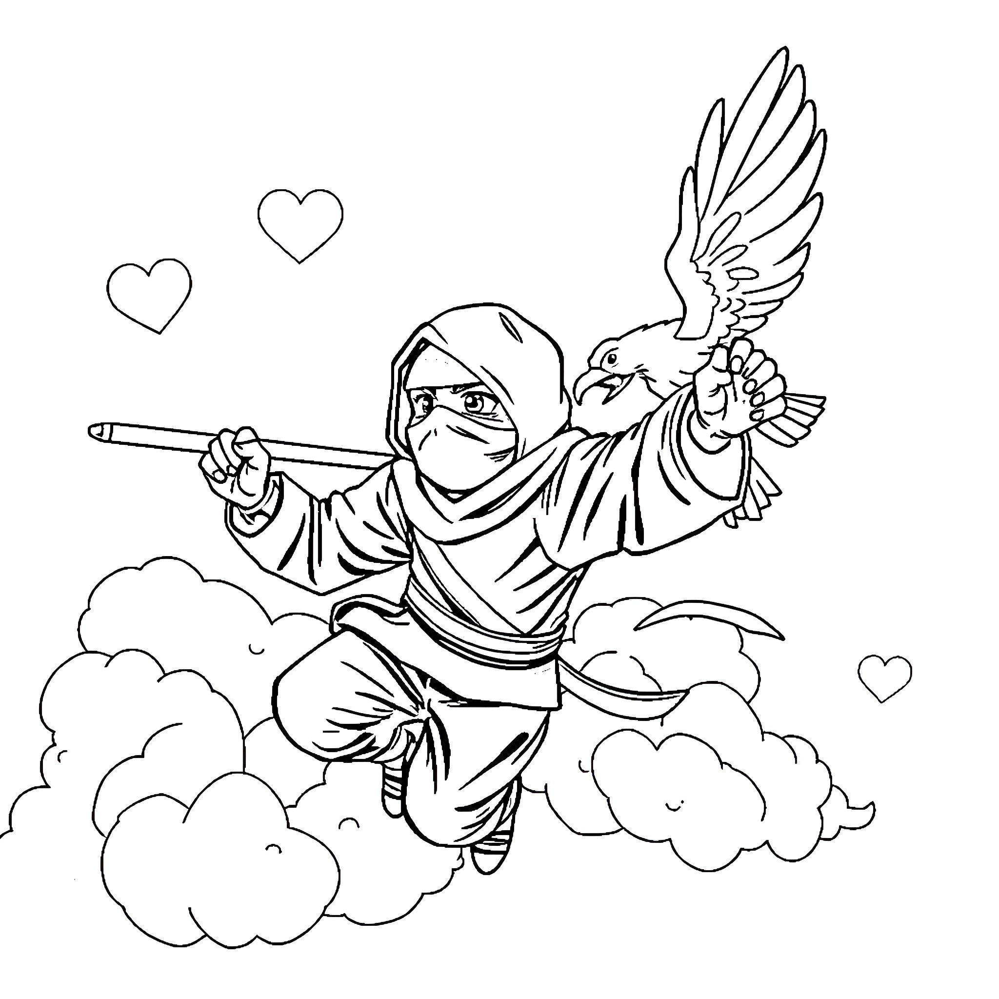 Ninja warrior soaring with bird companion Coloring Page (free black-and-white line drawing printable PDF for all, from beginners to advanced learners, including children, teens, adults, and seniors)