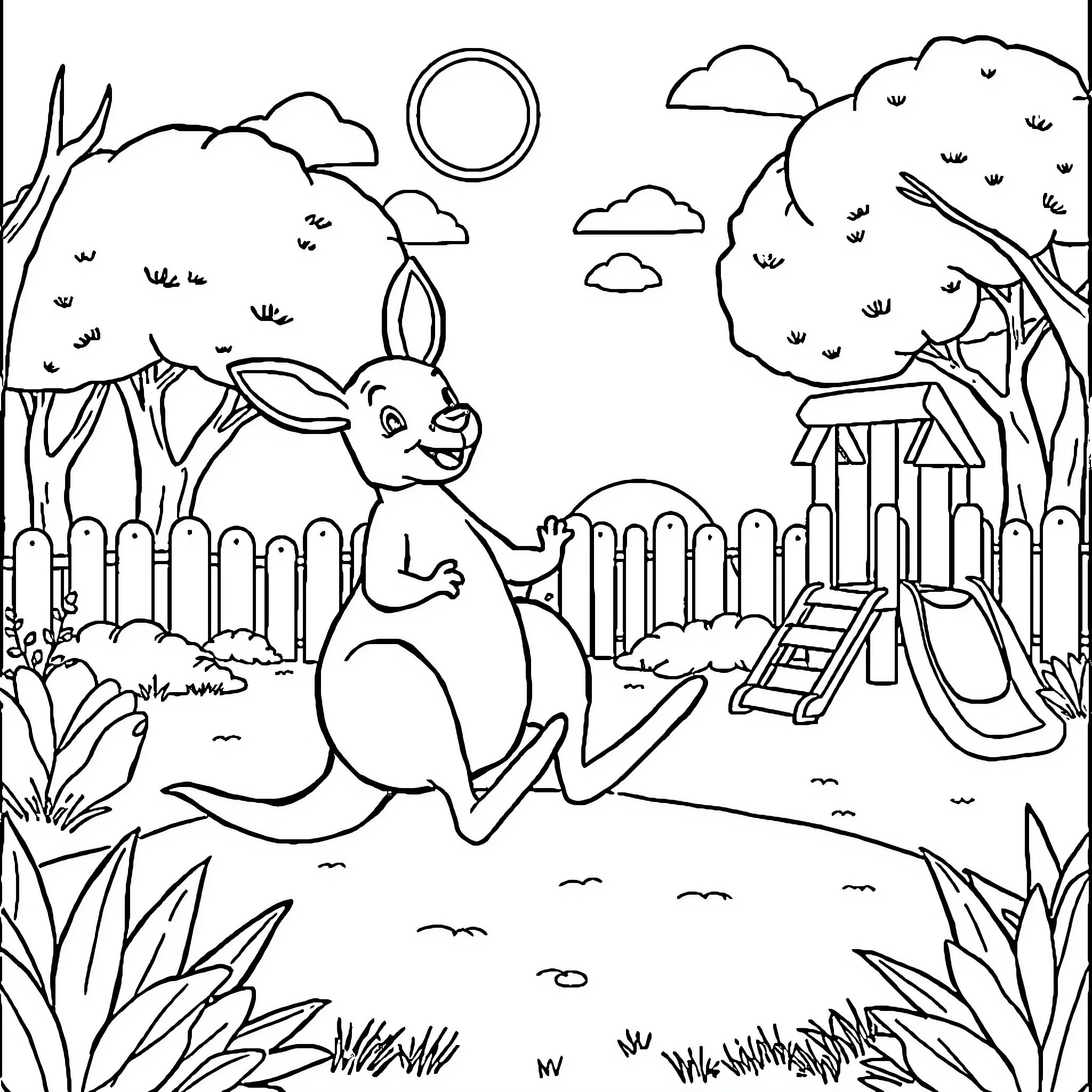 Kangaroo enjoying playground in the park Coloring Page (free black-and-white line drawing printable PDF for all, from beginners to advanced learners, including children, teens, adults, and seniors)