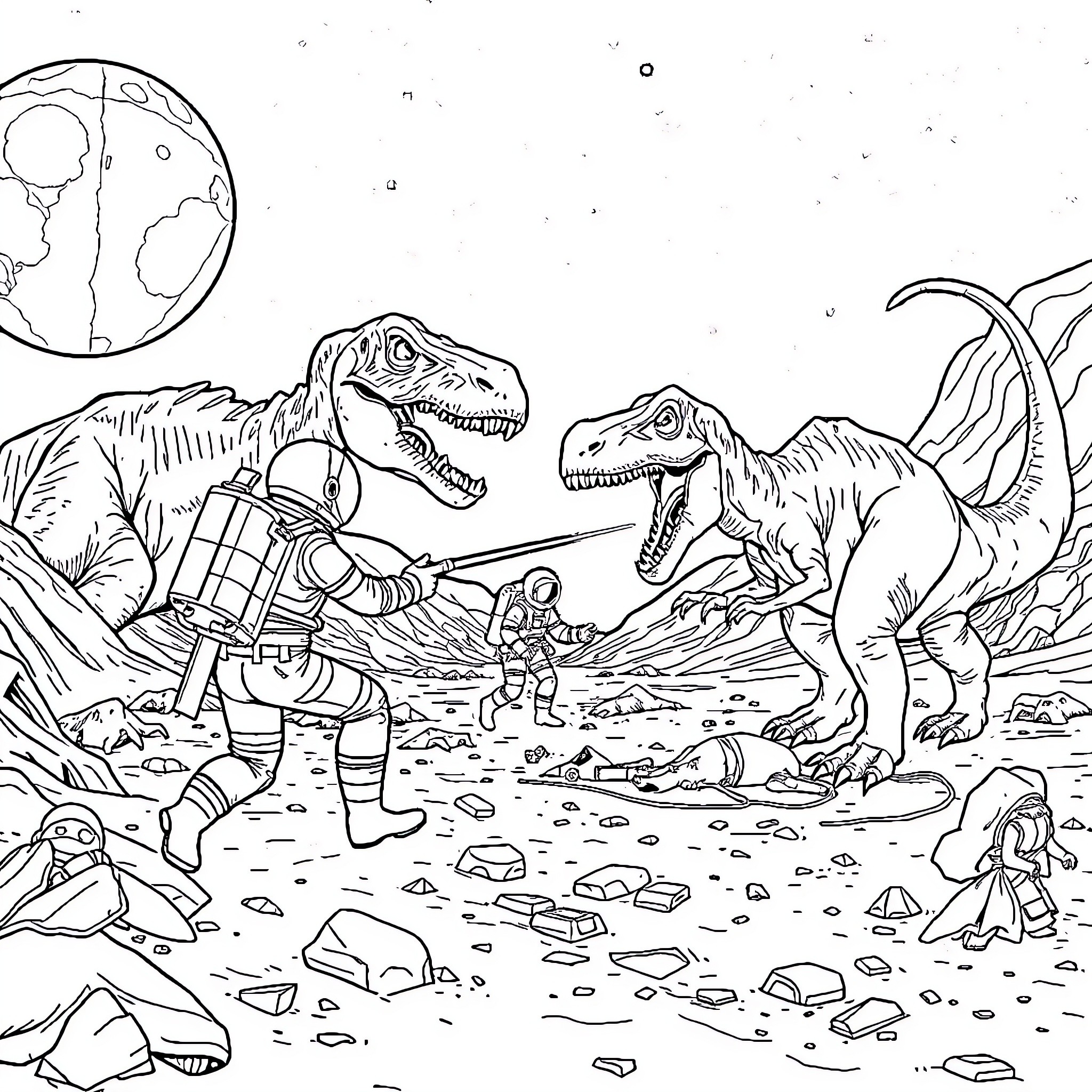 Astronaut exploring alien planet with dinosaurs Coloring Page (free black-and-white line drawing printable PDF for all, from beginners to advanced learners, including children, teens, adults, and seniors)