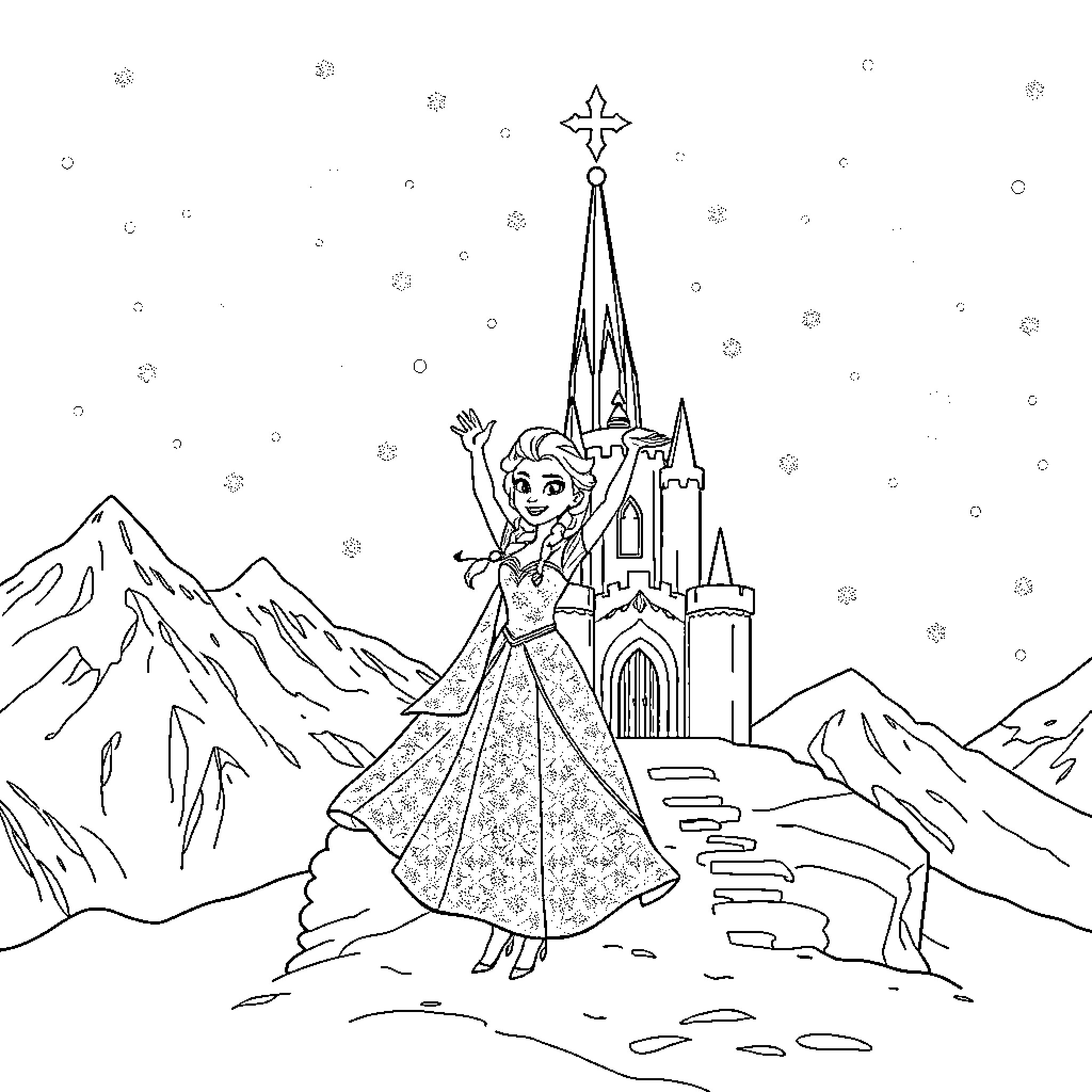 Elsa's Enchanted Adventures in a Wintry Wonderland Coloring Page (free black-and-white line drawing printable PDF for all, from beginners to advanced learners, including children, teens, adults, and seniors)
