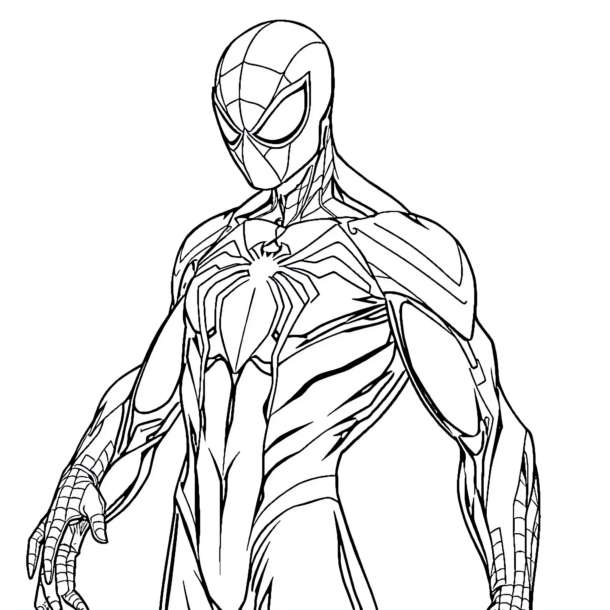 Spiderman in action pose Coloring Page (free black-and-white line drawing printable PDF for all, from beginners to advanced learners, including children, teens, adults, and seniors)