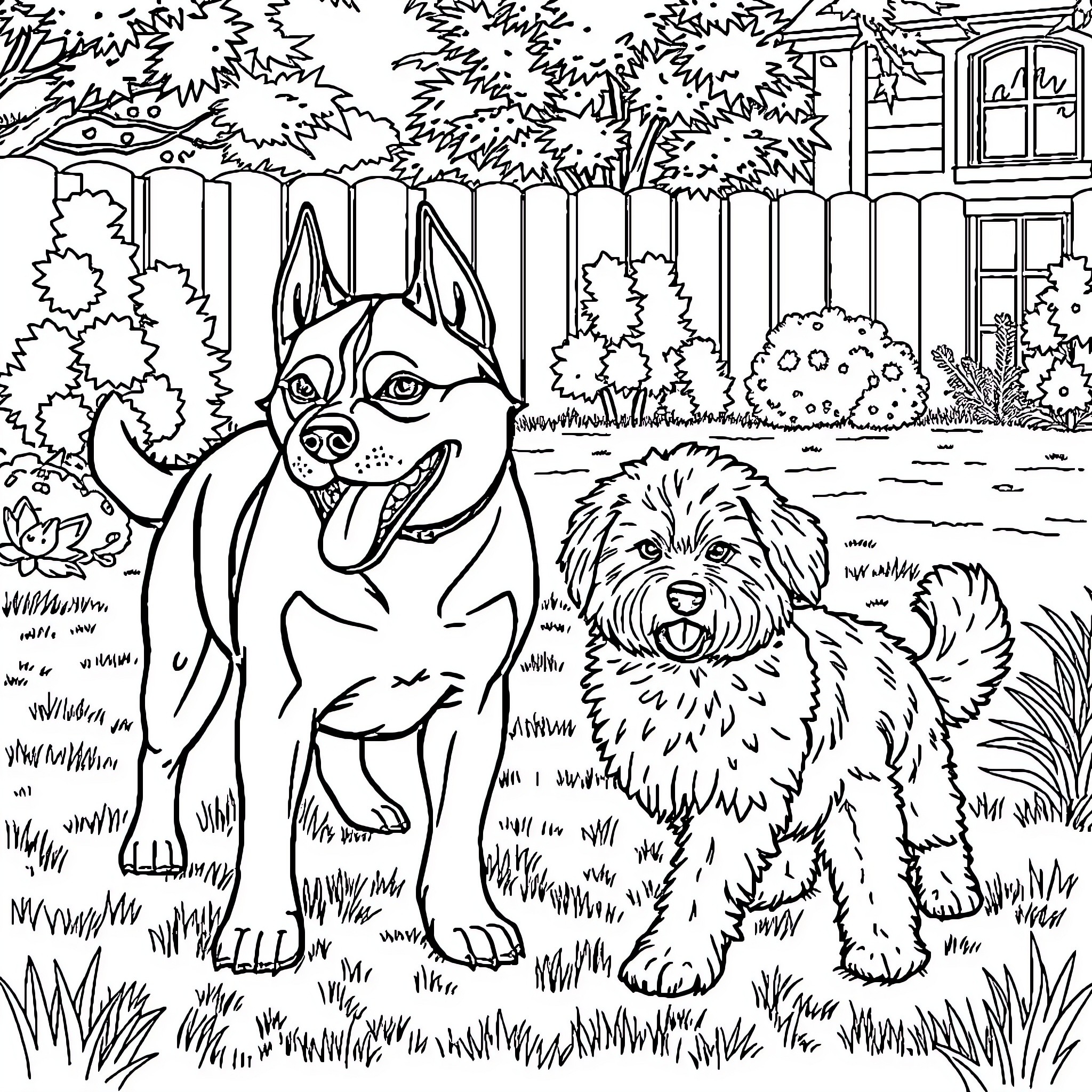 Dog playing with friends in the backyard Coloring Page (free black-and-white line drawing printable PDF for all, from beginners to advanced learners, including children, teens, adults, and seniors)