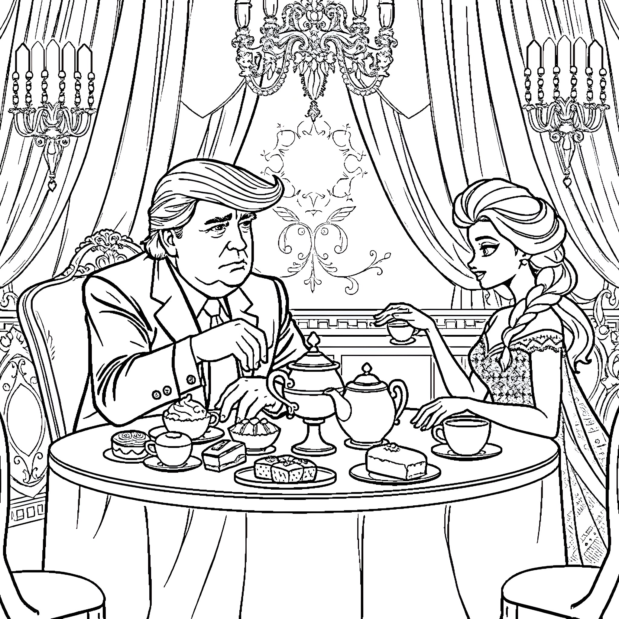 Donald Trump Enjoying Tea with a Companion Coloring Page (free black-and-white line drawing printable PDF for all, from beginners to advanced learners, including children, teens, adults, and seniors)
