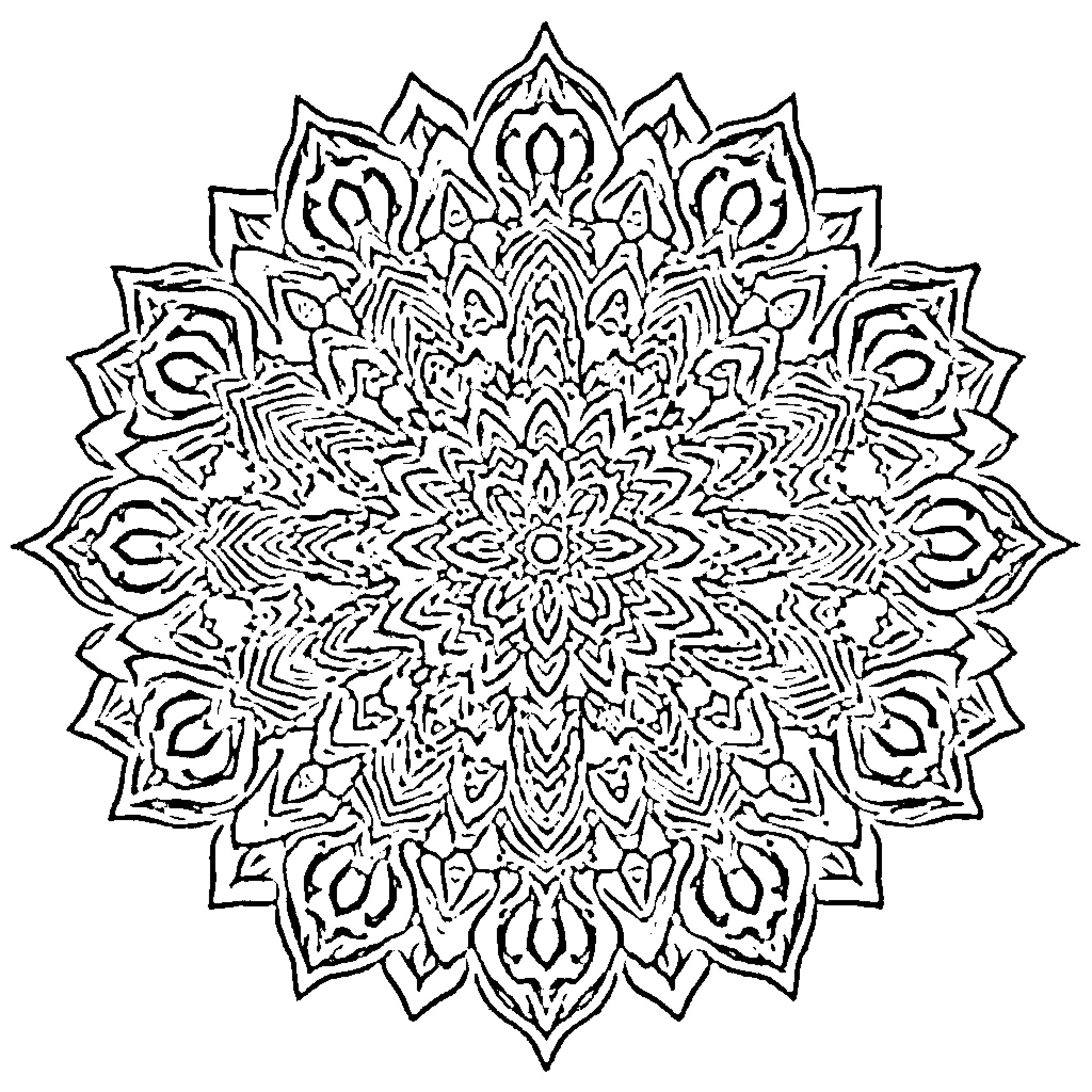 Mandala with intricate floral patterns Coloring Page (free black-and-white line drawing printable PDF for all, from beginners to advanced learners, including children, teens, adults, and seniors)