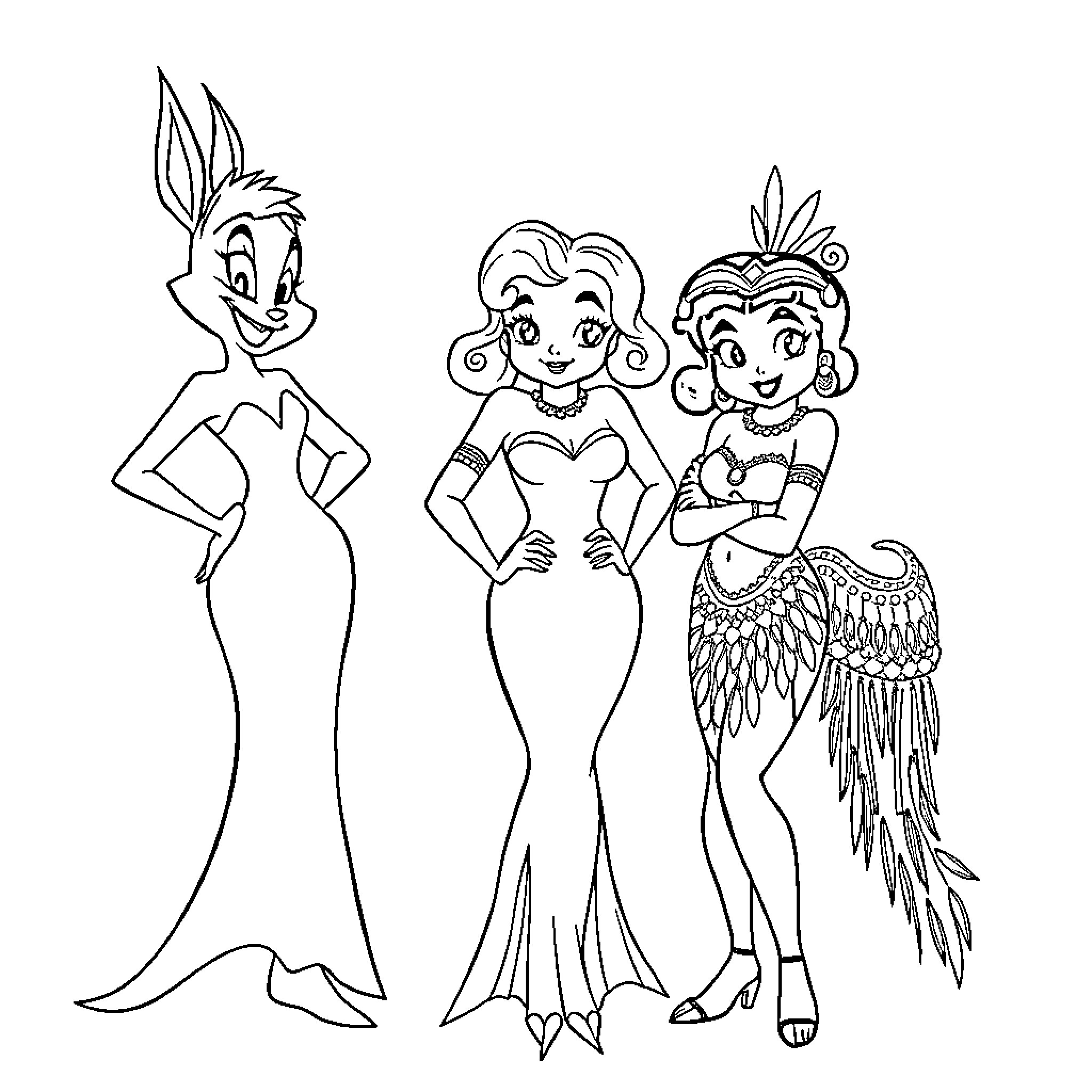 Character Trio of Stylized Female Figures Coloring Page (free black-and-white line drawing printable PDF for all, from beginners to advanced learners, including children, teens, adults, and seniors)