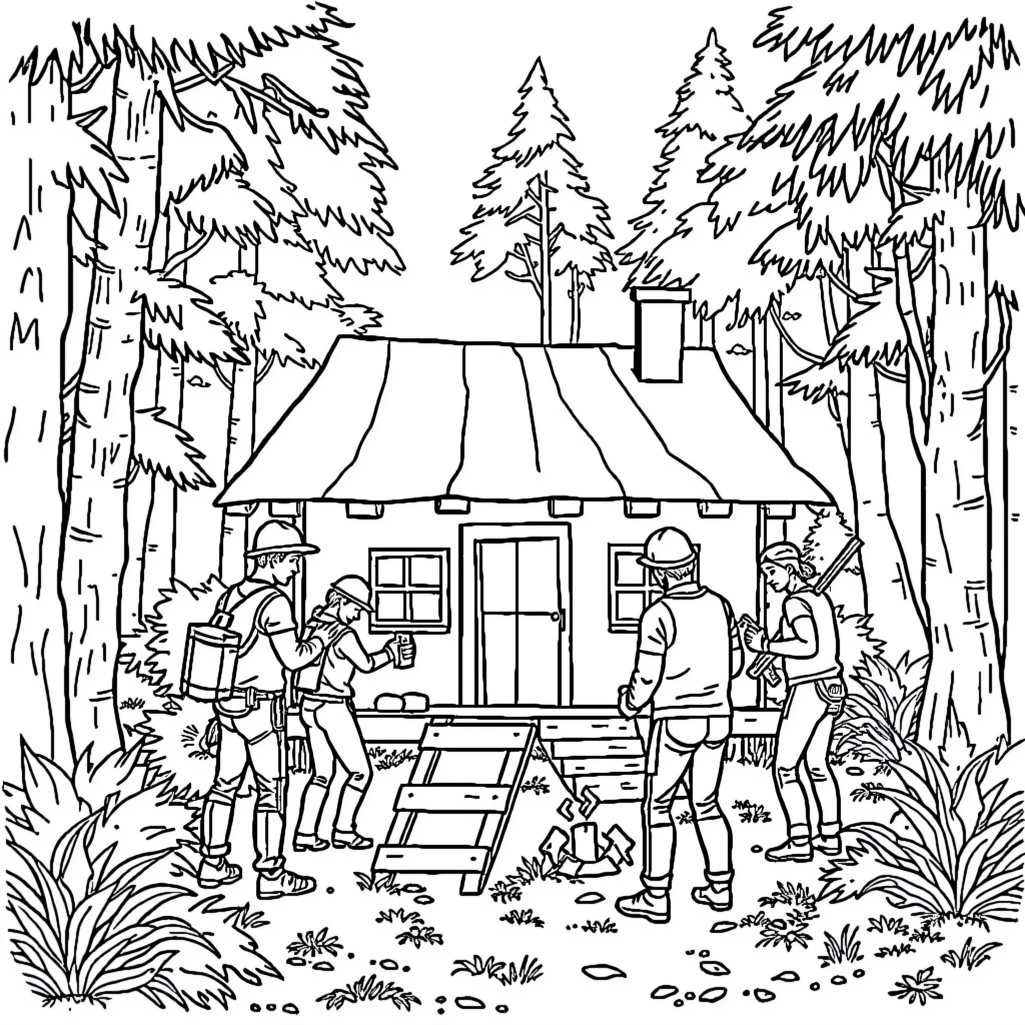 Persona in the Wilderness Campsite Coloring Page (free black-and-white line drawing printable PDF for all, from beginners to advanced learners, including children, teens, adults, and seniors)