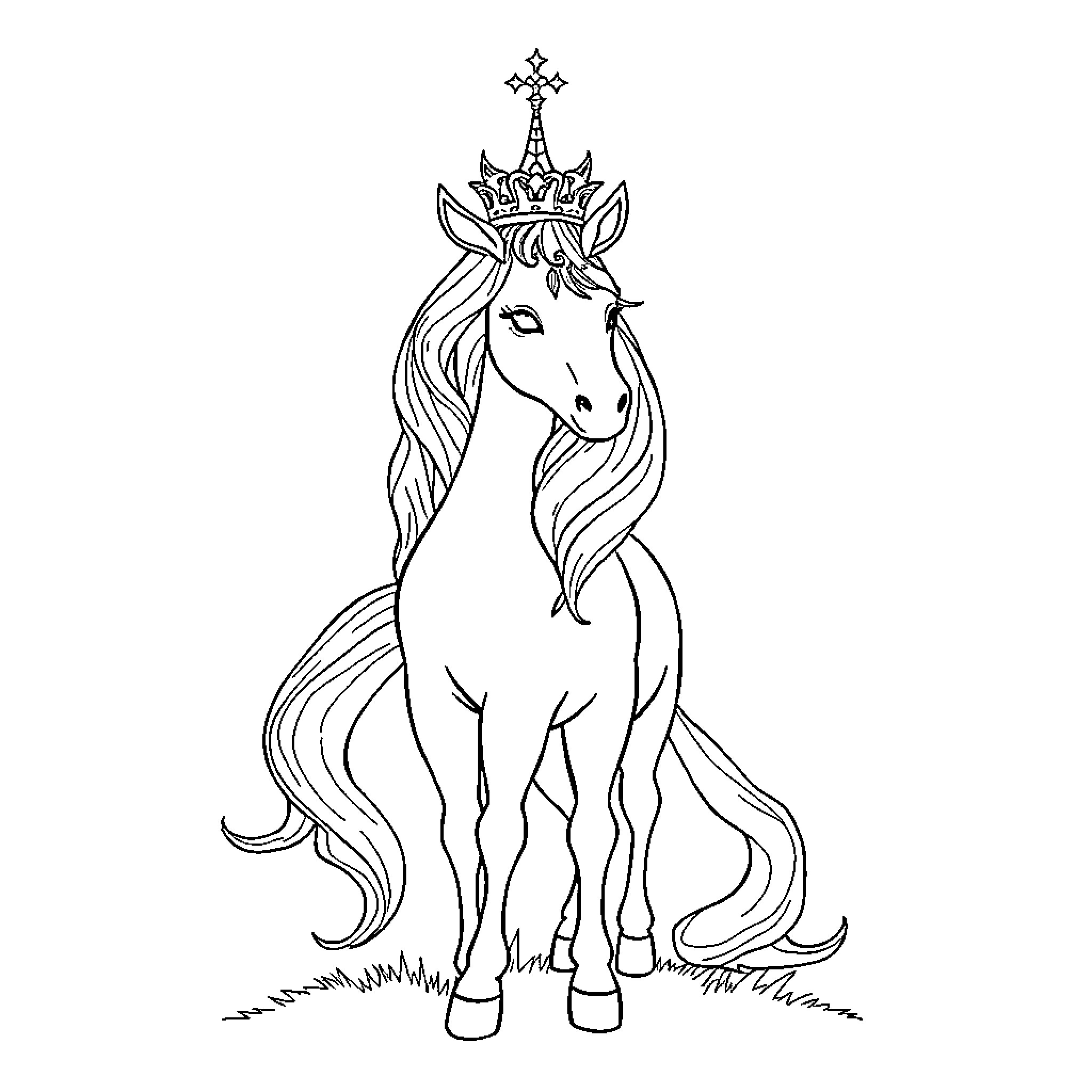 Unicorn with Elegant Crown and Flowing Mane Coloring Page (free black-and-white line drawing printable PDF for all, from beginners to advanced learners, including children, teens, adults, and seniors)