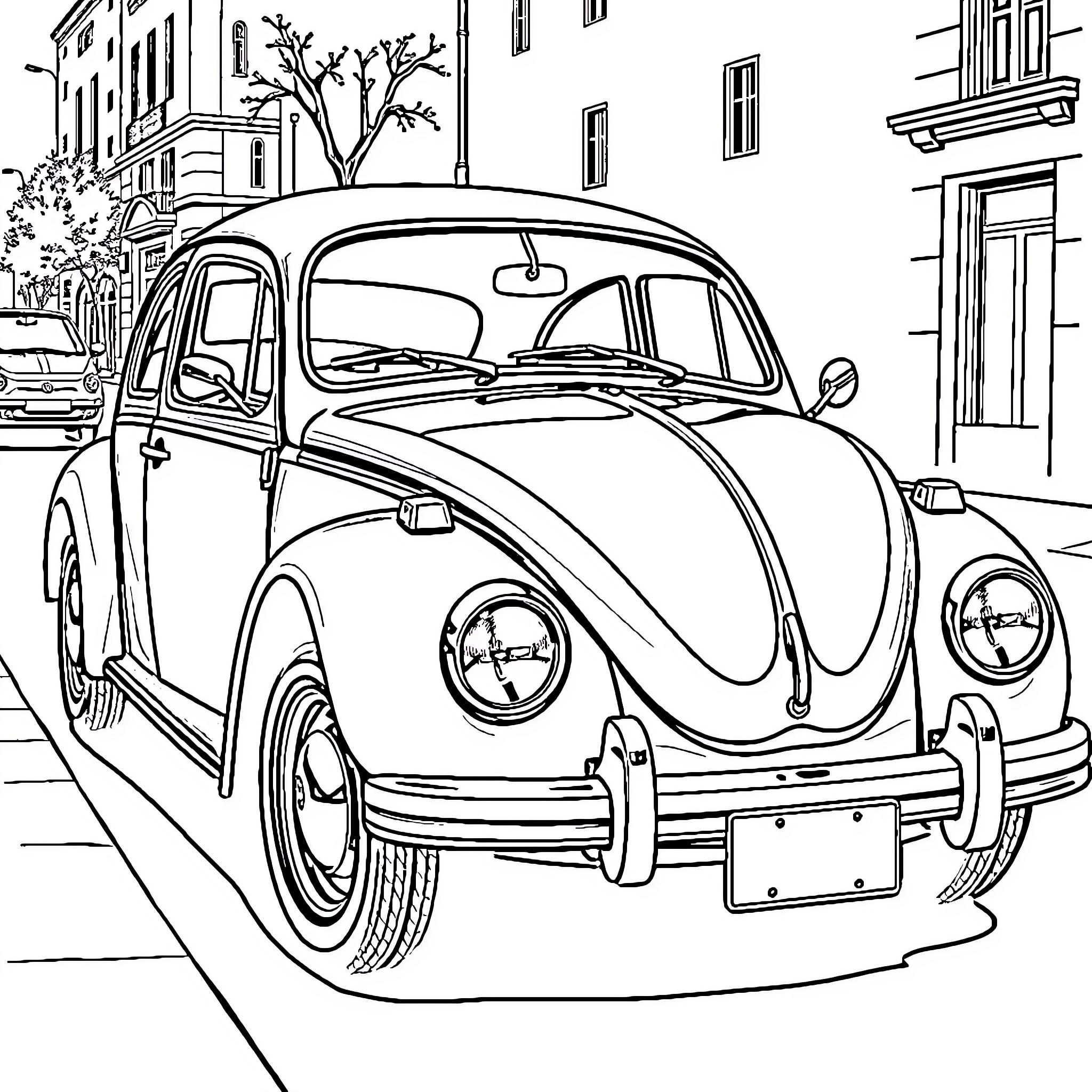 Volkswagen Beetle on a city street Coloring Page (free black-and-white line drawing printable PDF for all, from beginners to advanced learners, including children, teens, adults, and seniors)
