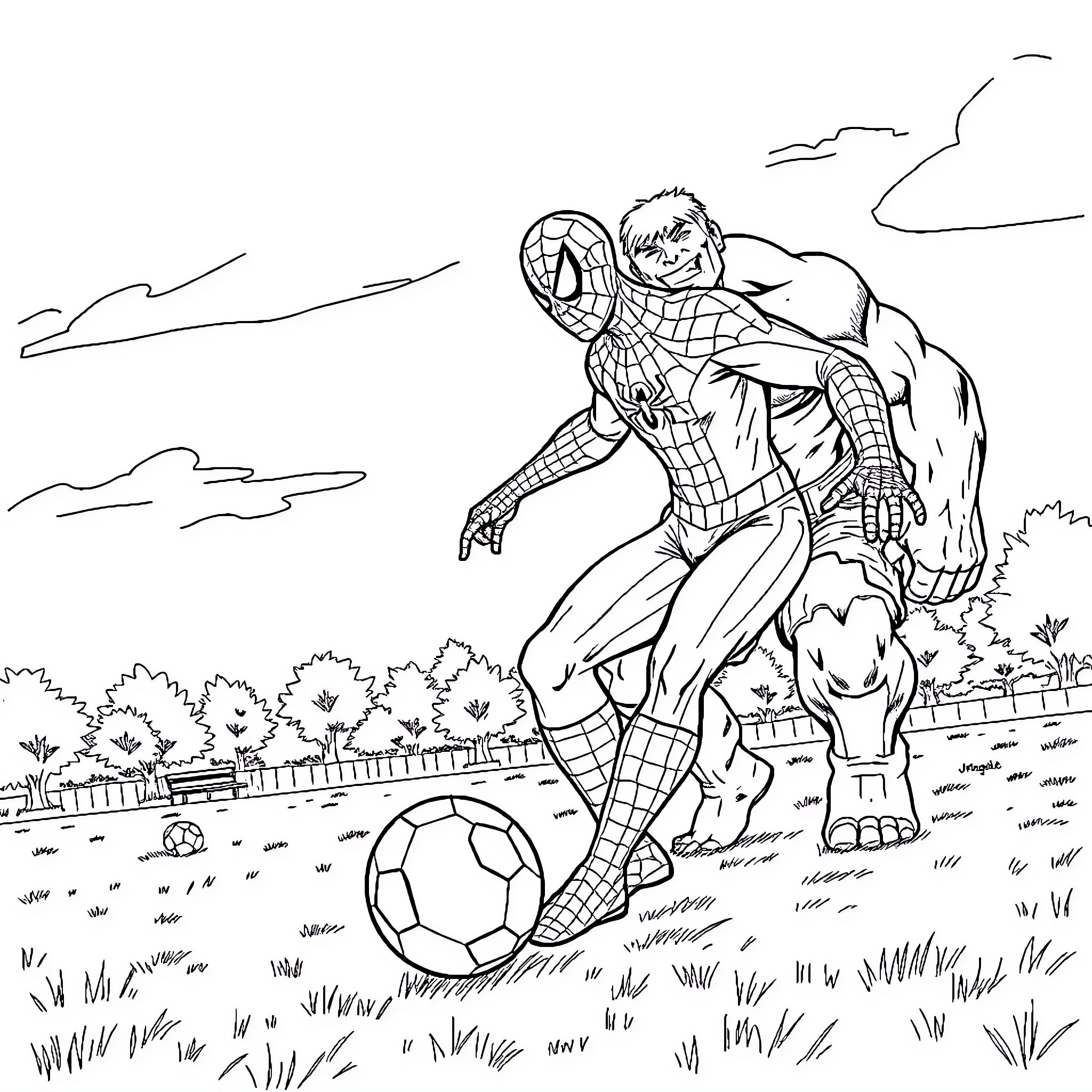 Spiderman playing soccer in a park Coloring Page (free black-and-white line drawing printable PDF for all, from beginners to advanced learners, including children, teens, adults, and seniors)