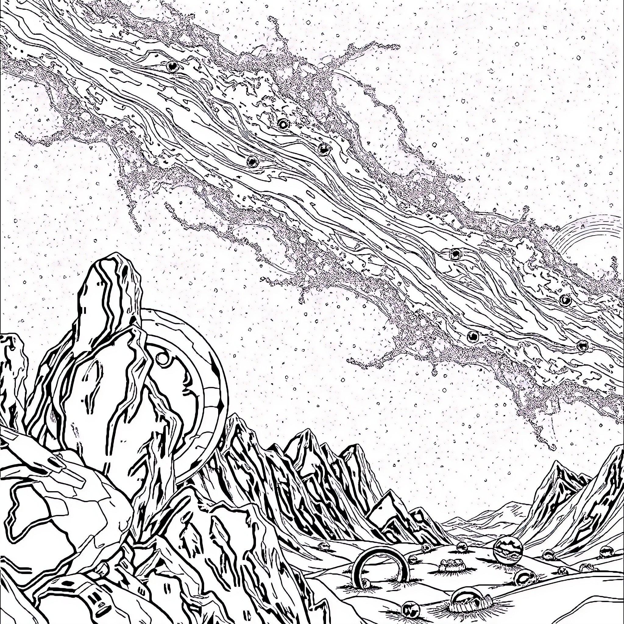 Interstellar Expedition Through Cosmic Landscapes Coloring Page (free black-and-white line drawing printable PDF for all, from beginners to advanced learners, including children, teens, adults, and seniors)