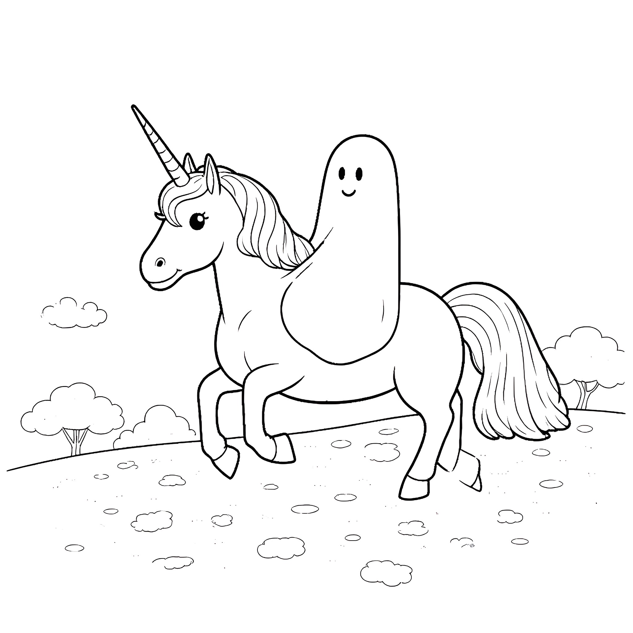 Ghost Buster Unicorn and Friendly Ghost in Meadow Coloring Page (free black-and-white line drawing printable PDF for all, from beginners to advanced learners, including children, teens, adults, and seniors)