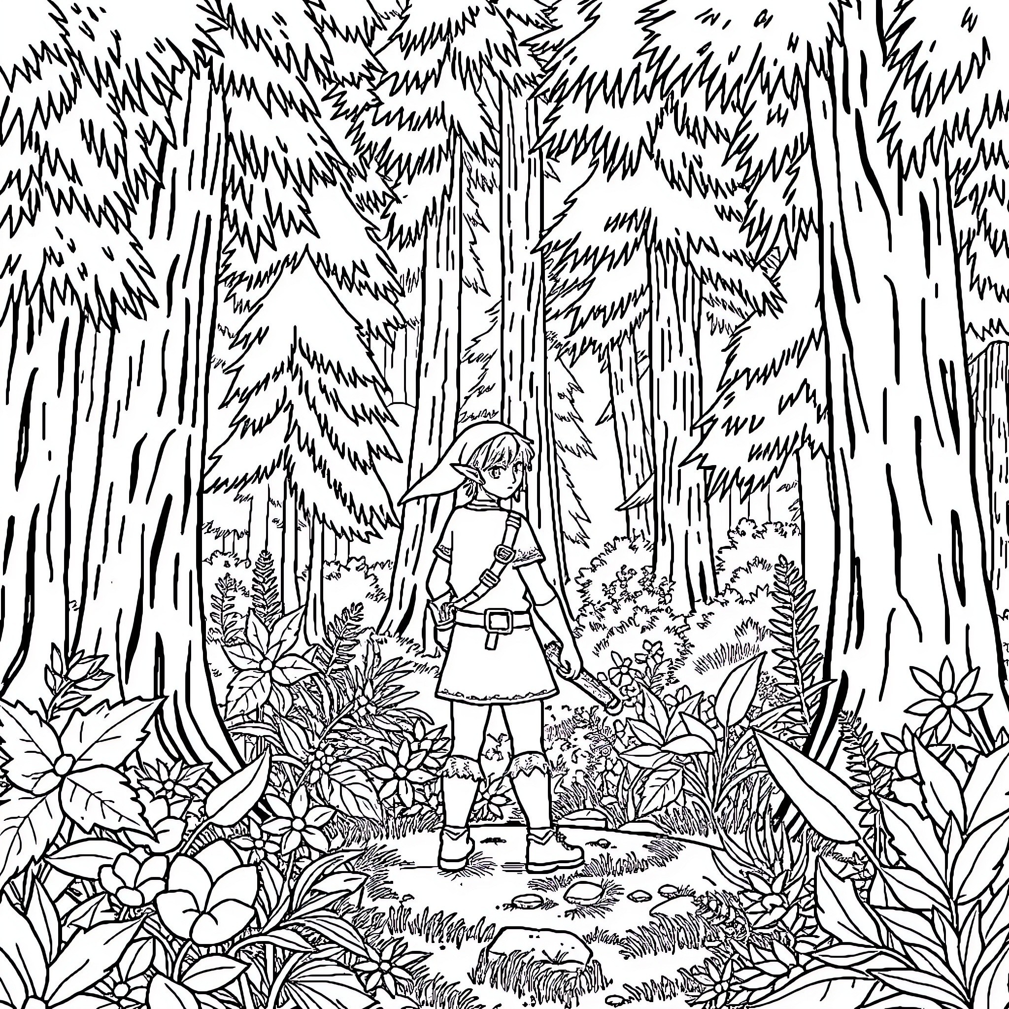 Link exploring the vibrant forest Coloring Page (free black-and-white line drawing printable PDF for all, from beginners to advanced learners, including children, teens, adults, and seniors)