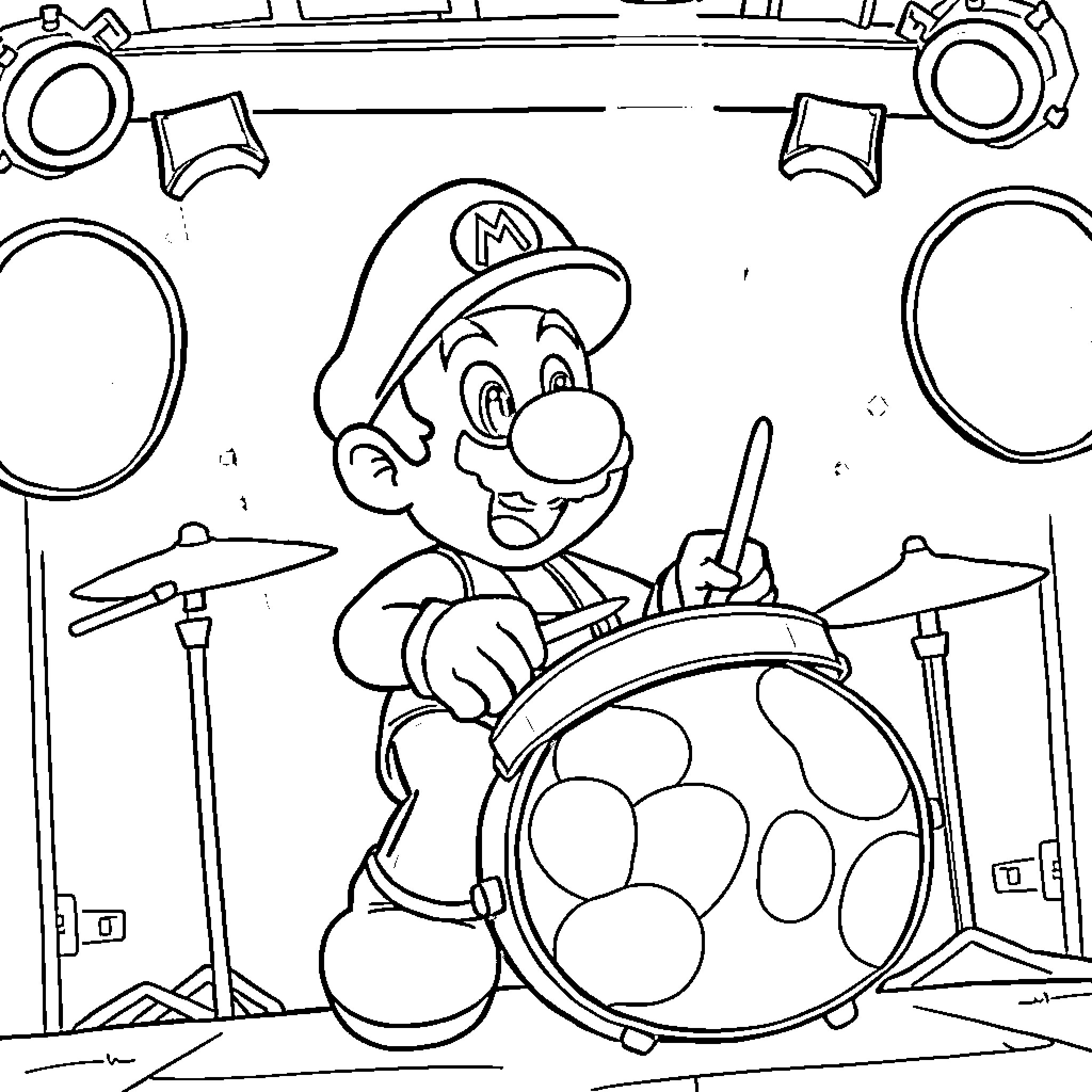 Mario Playing Drums in a Musical Scene Coloring Page (free black-and-white line drawing printable PDF for all, from beginners to advanced learners, including children, teens, adults, and seniors)