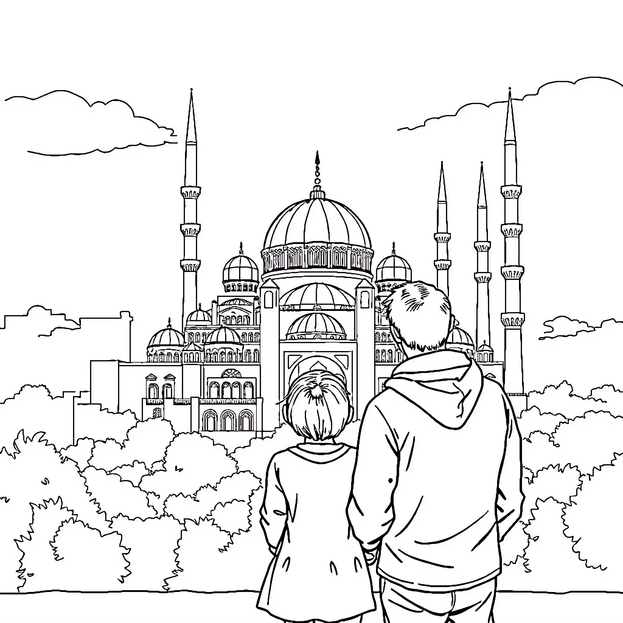 Family in front of a grand mosque Coloring Page (free black-and-white line drawing printable PDF for all, from beginners to advanced learners, including children, teens, adults, and seniors)