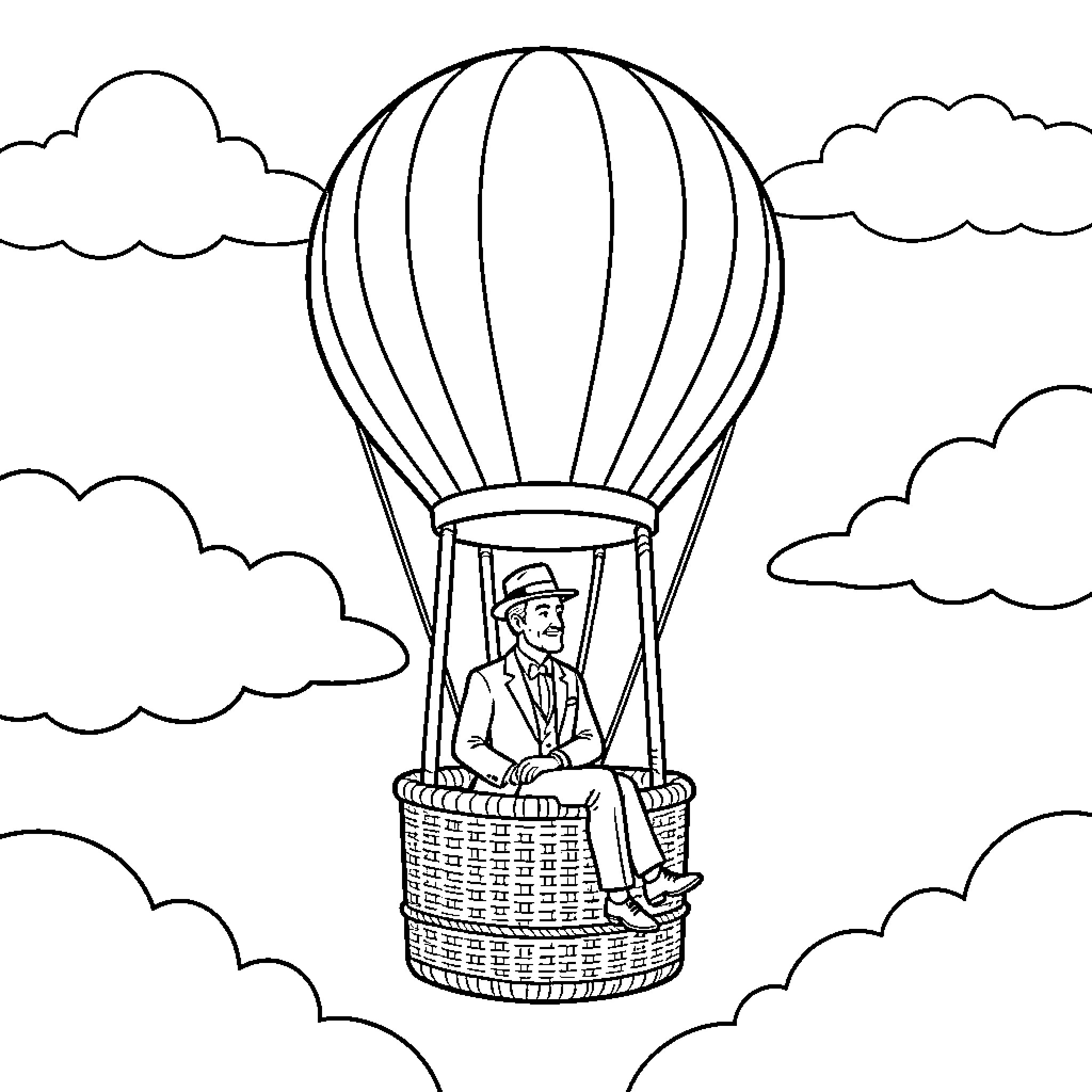 Hot Air Balloon with a gentleman flying through clouds Coloring Page (free black-and-white line drawing printable PDF for all, from beginners to advanced learners, including children, teens, adults, and seniors)