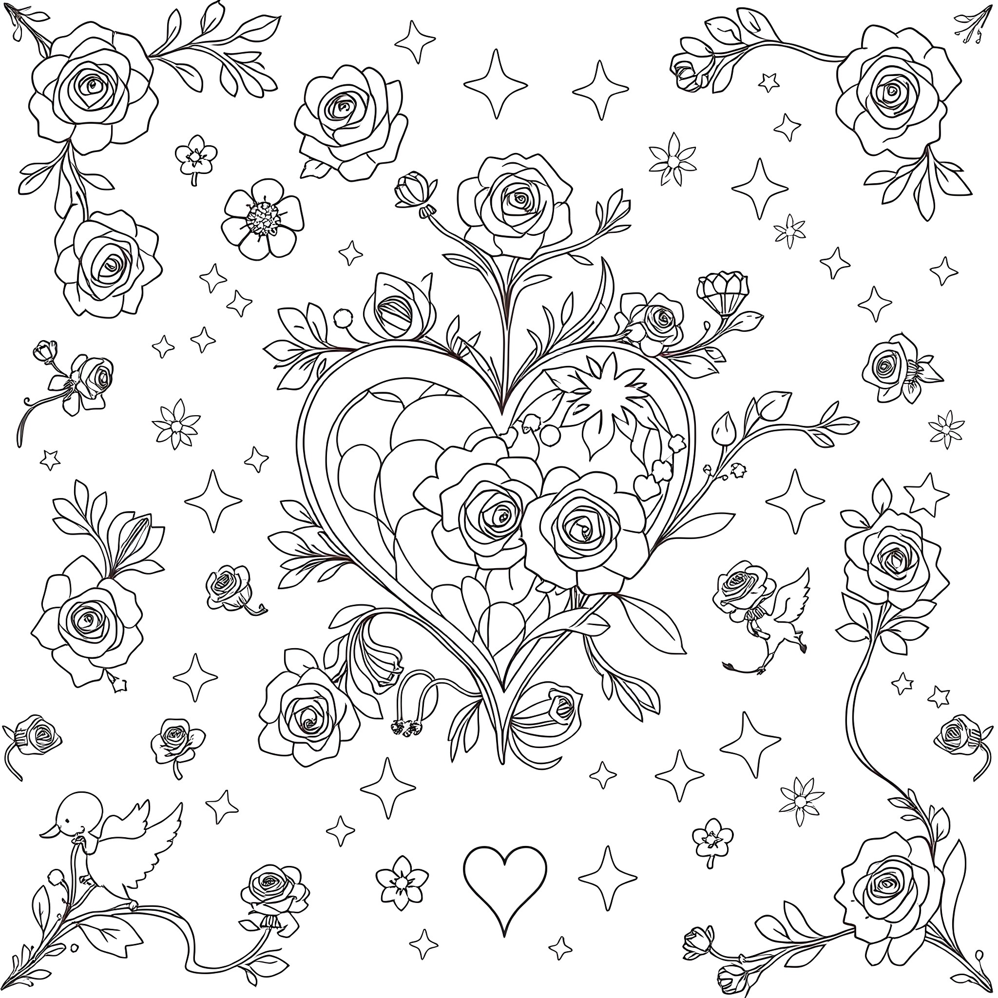 Valentine's Floral Bouquet with Hearts and Stars Coloring Page (free black-and-white line drawing printable PDF for all, from beginners to advanced learners, including children, teens, adults, and seniors)