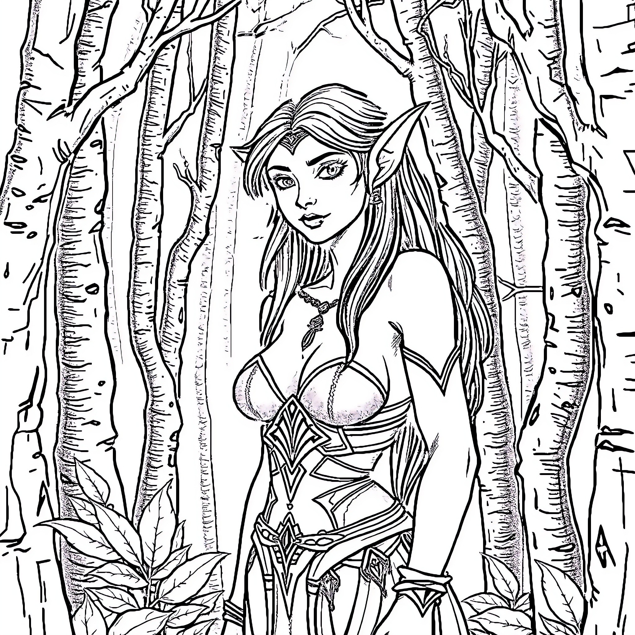 Dark Elf Warrior in Enchanted Forest Coloring Page (free black-and-white line drawing printable PDF for all, from beginners to advanced learners, including children, teens, adults, and seniors)