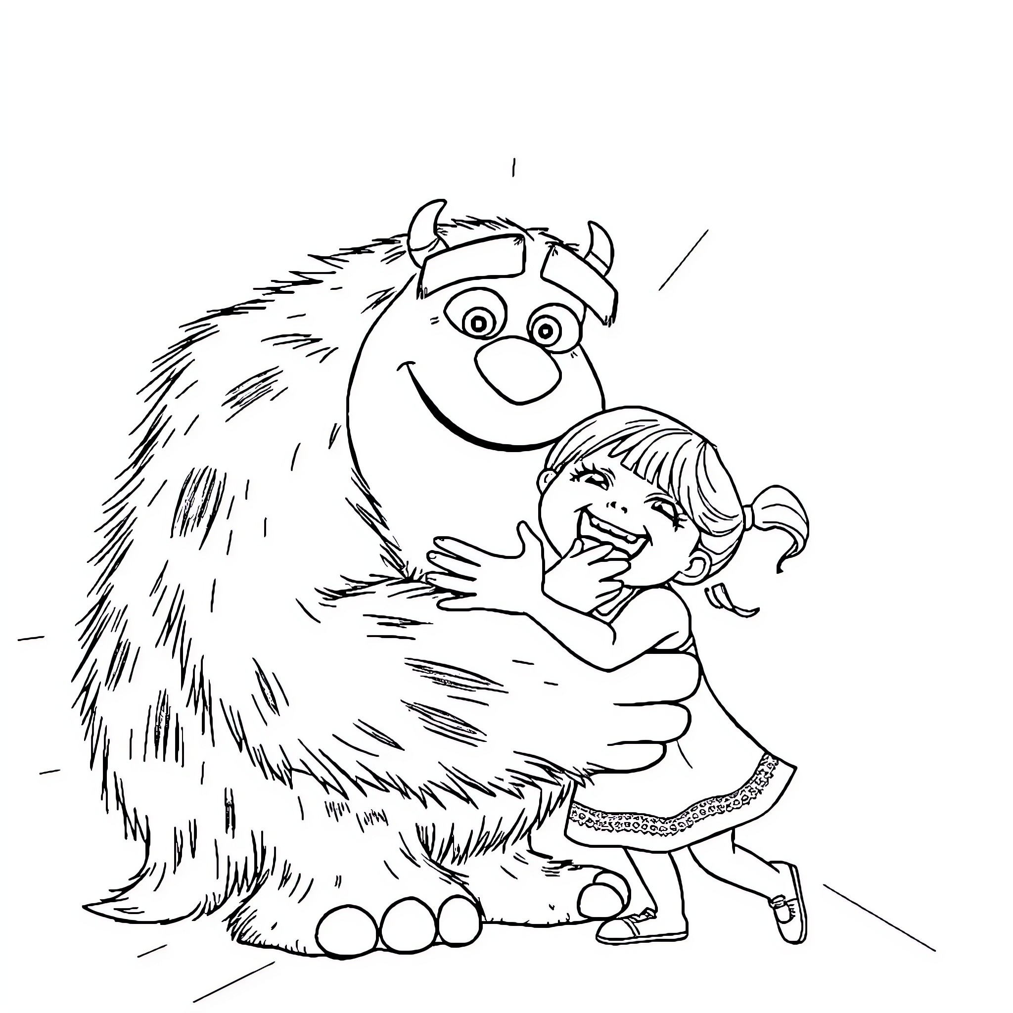 Sully embracing a young girl happily Coloring Page (free black-and-white line drawing printable PDF for all, from beginners to advanced learners, including children, teens, adults, and seniors)