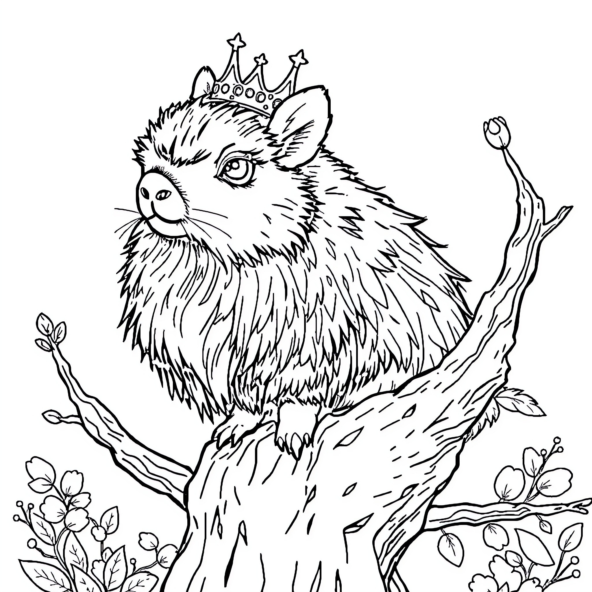 Capybara King in Floral Wonderland Coloring Page (free black-and-white line drawing printable PDF for all, from beginners to advanced learners, including children, teens, adults, and seniors)