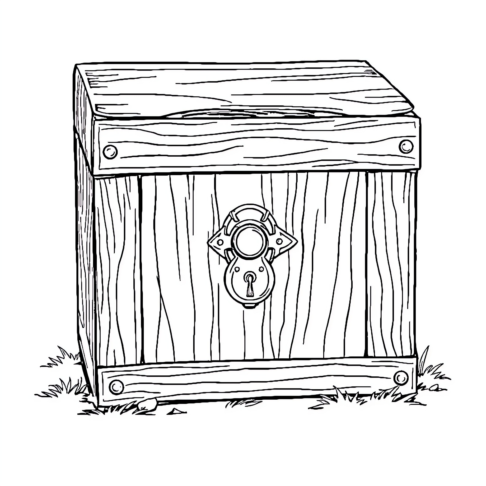 Chest with Padlock on Wooden Surface Coloring Page (free black-and-white line drawing printable PDF for all, from beginners to advanced learners, including children, teens, adults, and seniors)