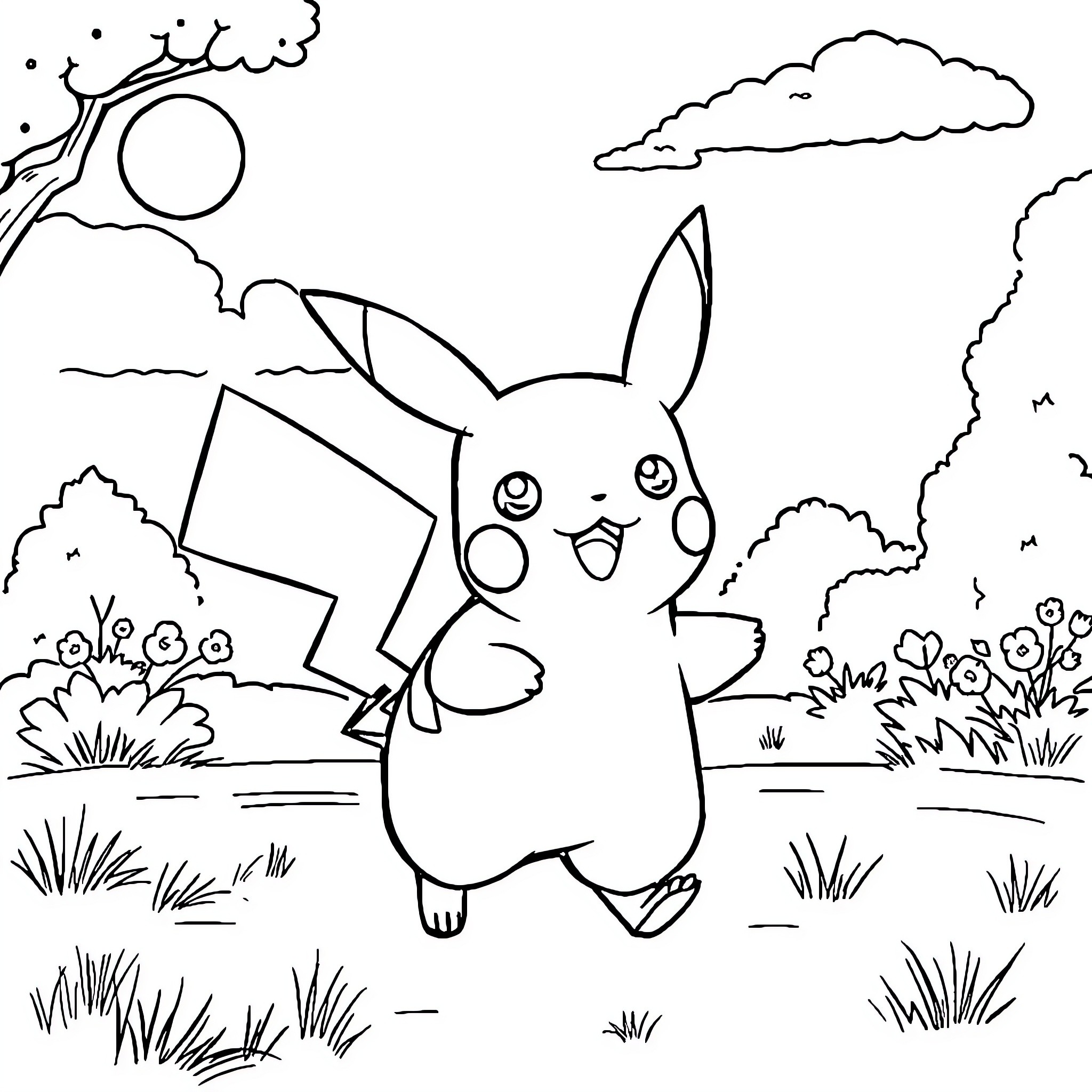 Pikachu playing cheerfully in the nature Coloring Page (free black-and-white line drawing printable PDF for all, from beginners to advanced learners, including children, teens, adults, and seniors)