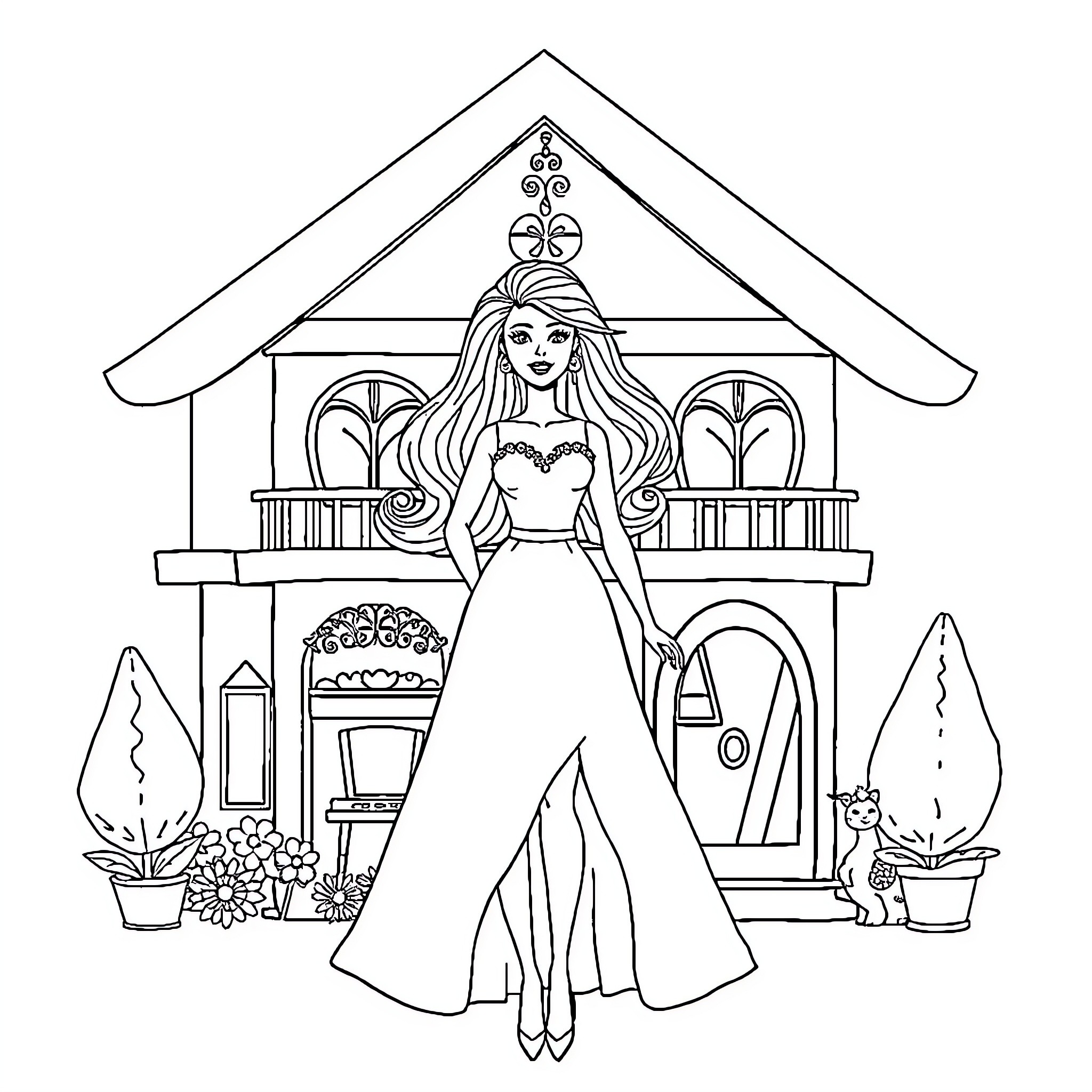 Barbie in a Glamorous Princess Castle Coloring Page (free black-and-white line drawing printable PDF for all, from beginners to advanced learners, including children, teens, adults, and seniors)