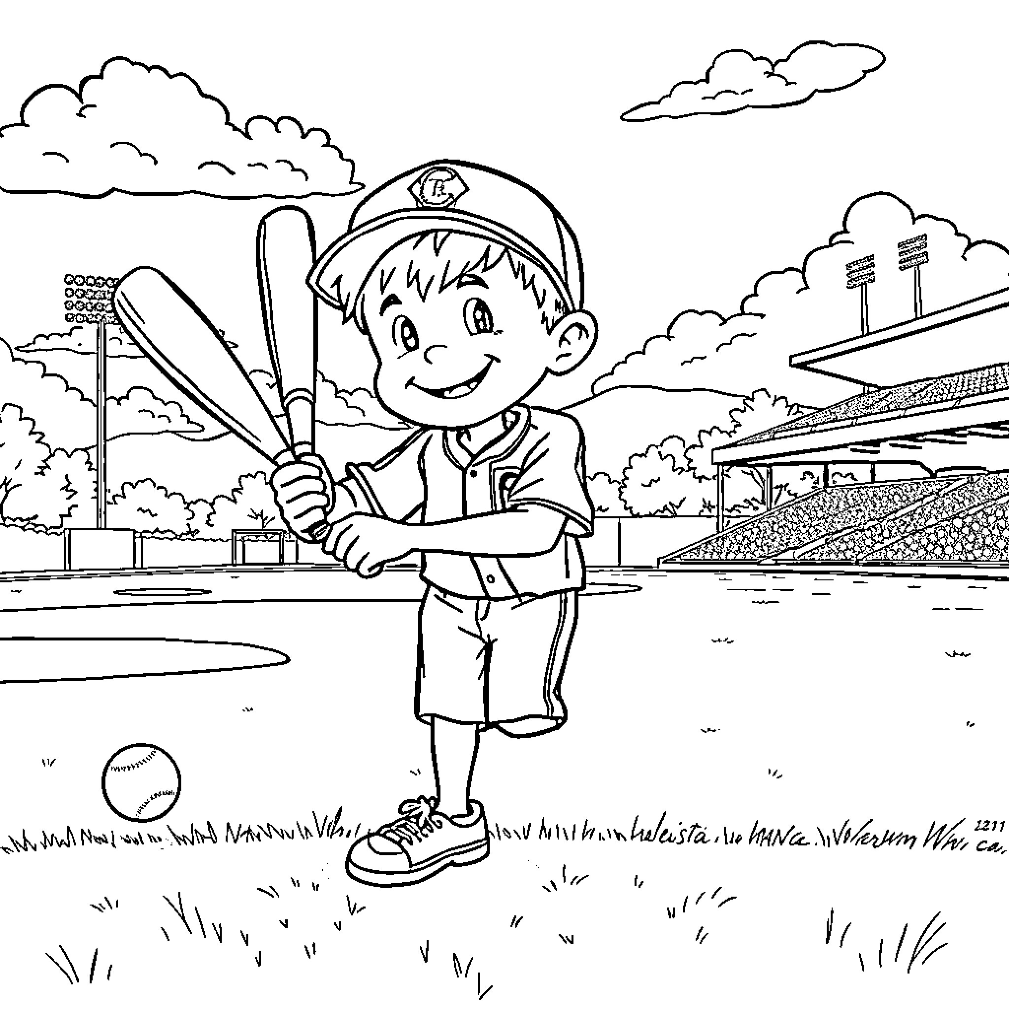 Niño playing baseball on the field Coloring Page (free black-and-white line drawing printable PDF for all, from beginners to advanced learners, including children, teens, adults, and seniors)