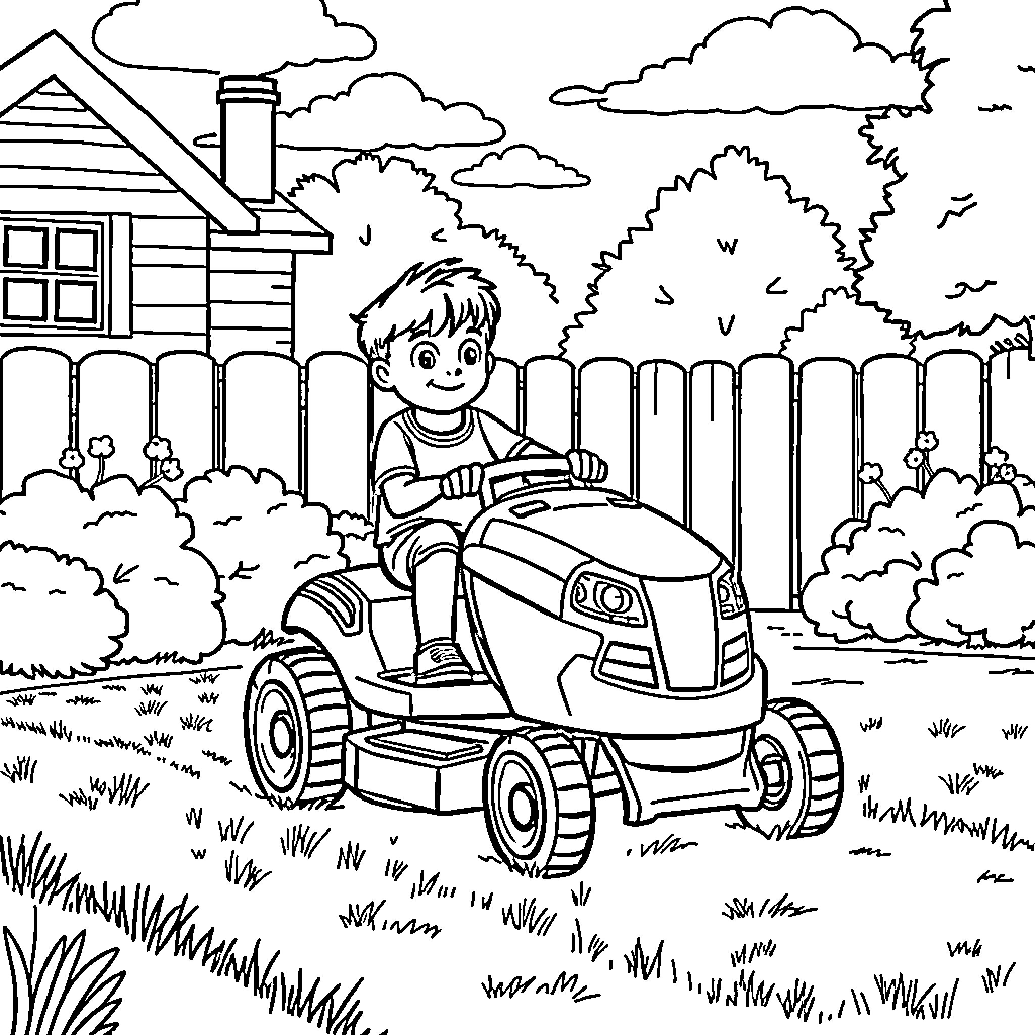 Boy happily riding lawn mower in backyard Coloring Page (free black-and-white line drawing printable PDF for all, from beginners to advanced learners, including children, teens, adults, and seniors)