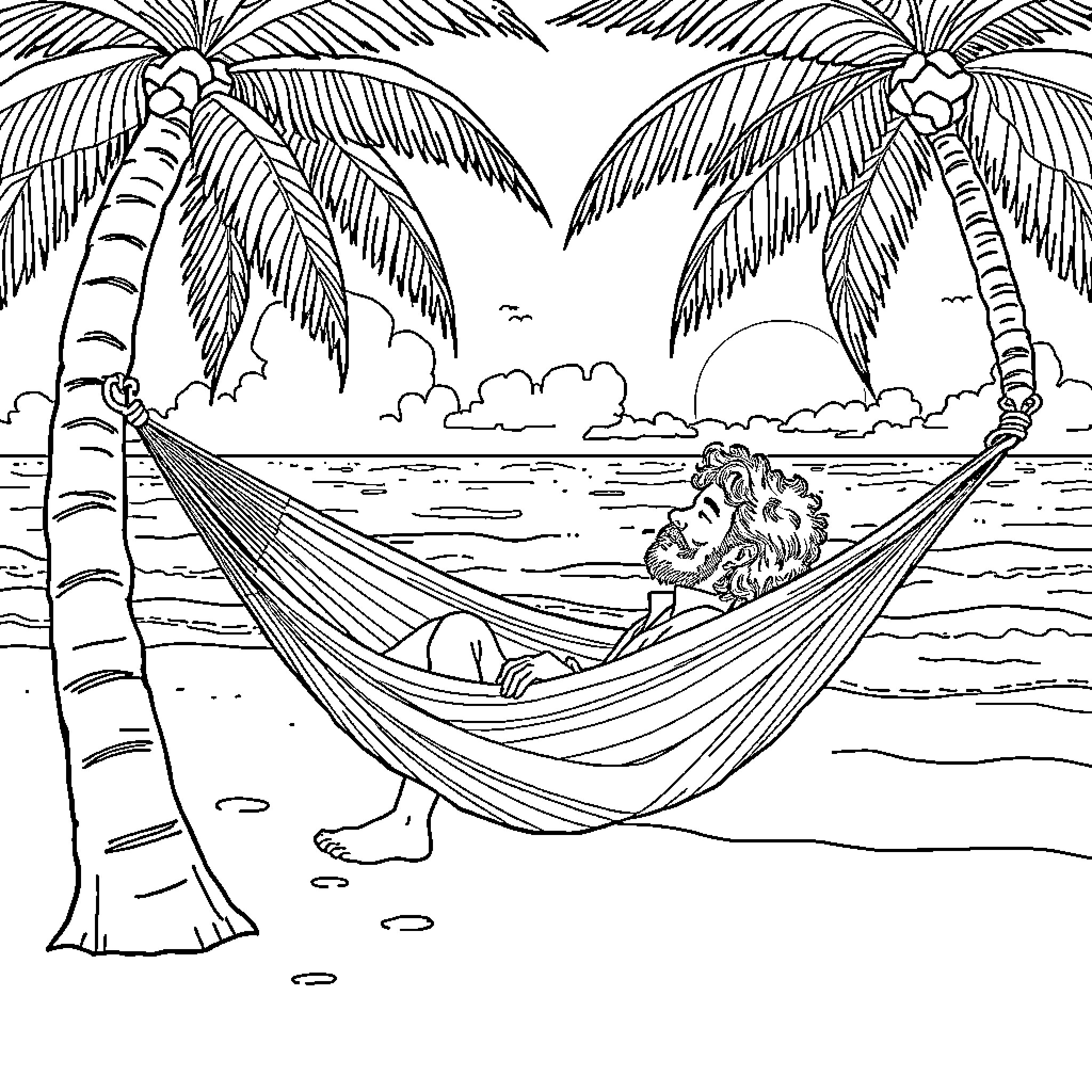 Jerry Garcia relaxing in a hammock on a tropical beach Coloring Page (free black-and-white line drawing printable PDF for all, from beginners to advanced learners, including children, teens, adults, and seniors)