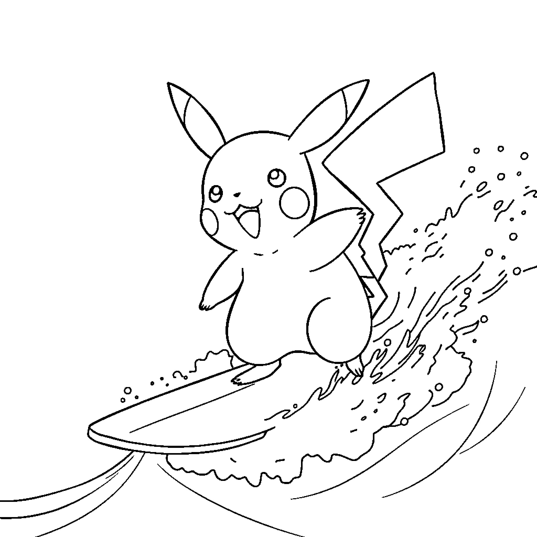 Pikachu surfing with electricity Coloring Page (free black-and-white line drawing printable PDF for all, from beginners to advanced learners, including children, teens, adults, and seniors)