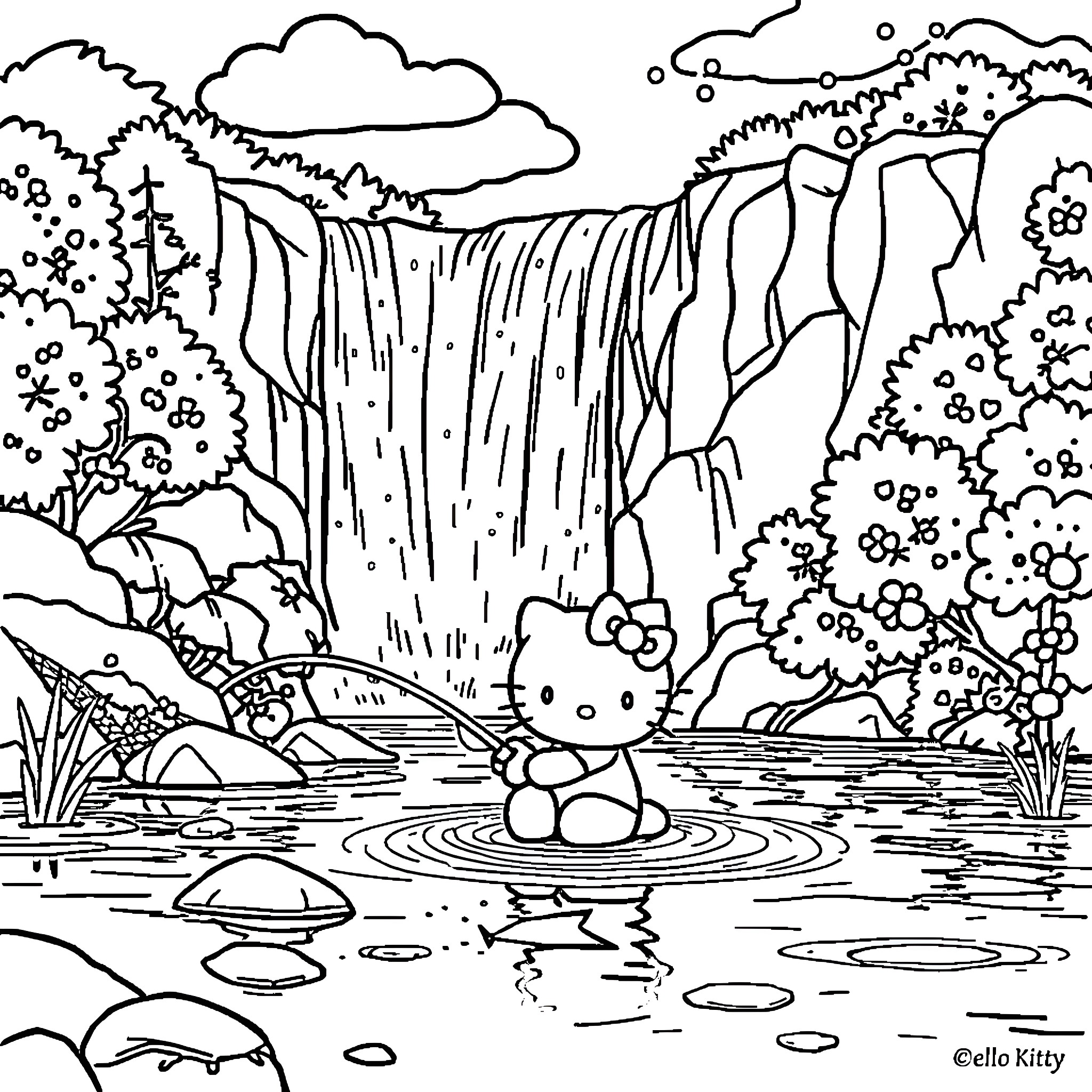 Hello Kitty enjoying the serene waterfall landscape Coloring Page (free black-and-white line drawing printable PDF for all, from beginners to advanced learners, including children, teens, adults, and seniors)