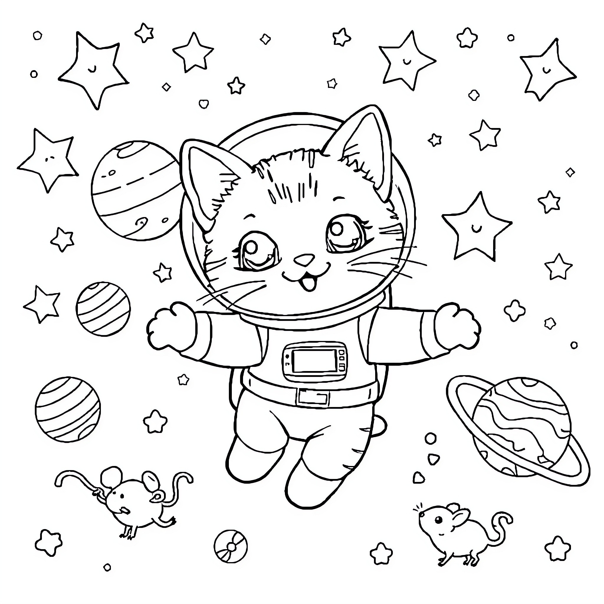 Cat astronaut exploring space with stars and planets Coloring Page (free black-and-white line drawing printable PDF for all, from beginners to advanced learners, including children, teens, adults, and seniors)