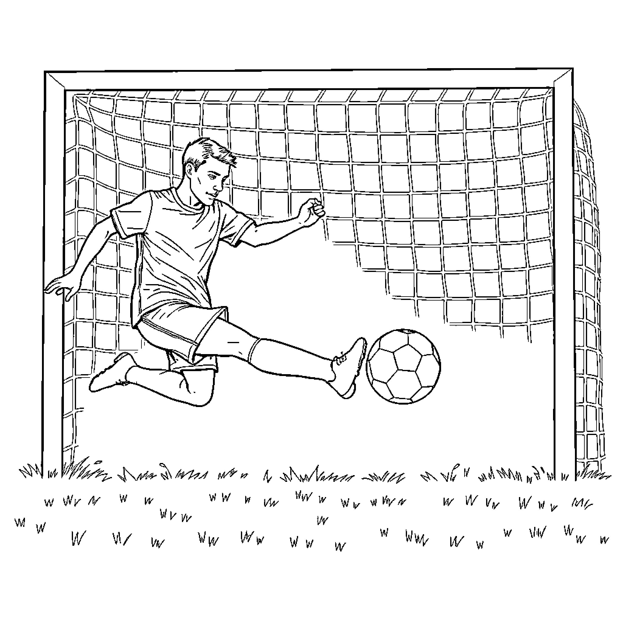 Soccer Player Kicking Ball towards Goal Coloring Page (free black-and-white line drawing printable PDF for all, from beginners to advanced learners, including children, teens, adults, and seniors)