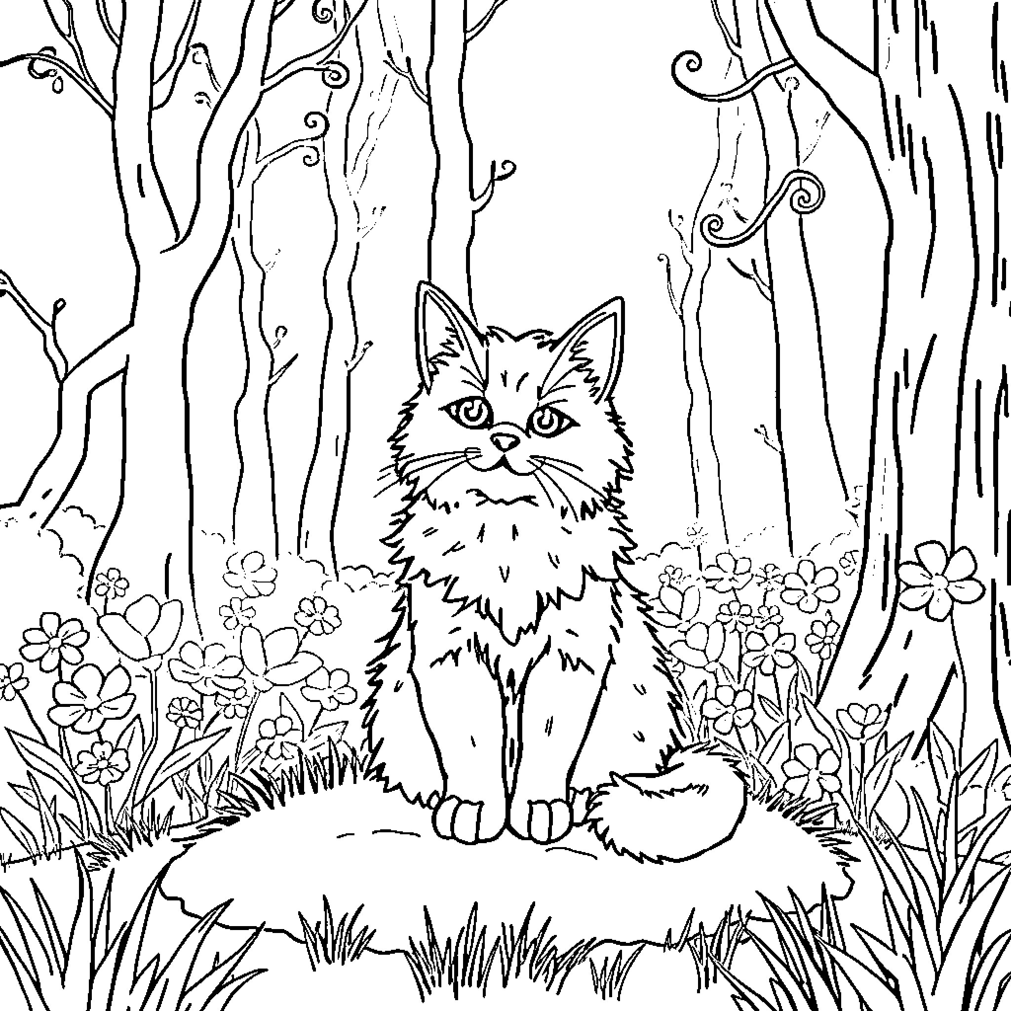 Cat sitting in a forest with flowers Coloring Page (free black-and-white line drawing printable PDF for all, from beginners to advanced learners, including children, teens, adults, and seniors)