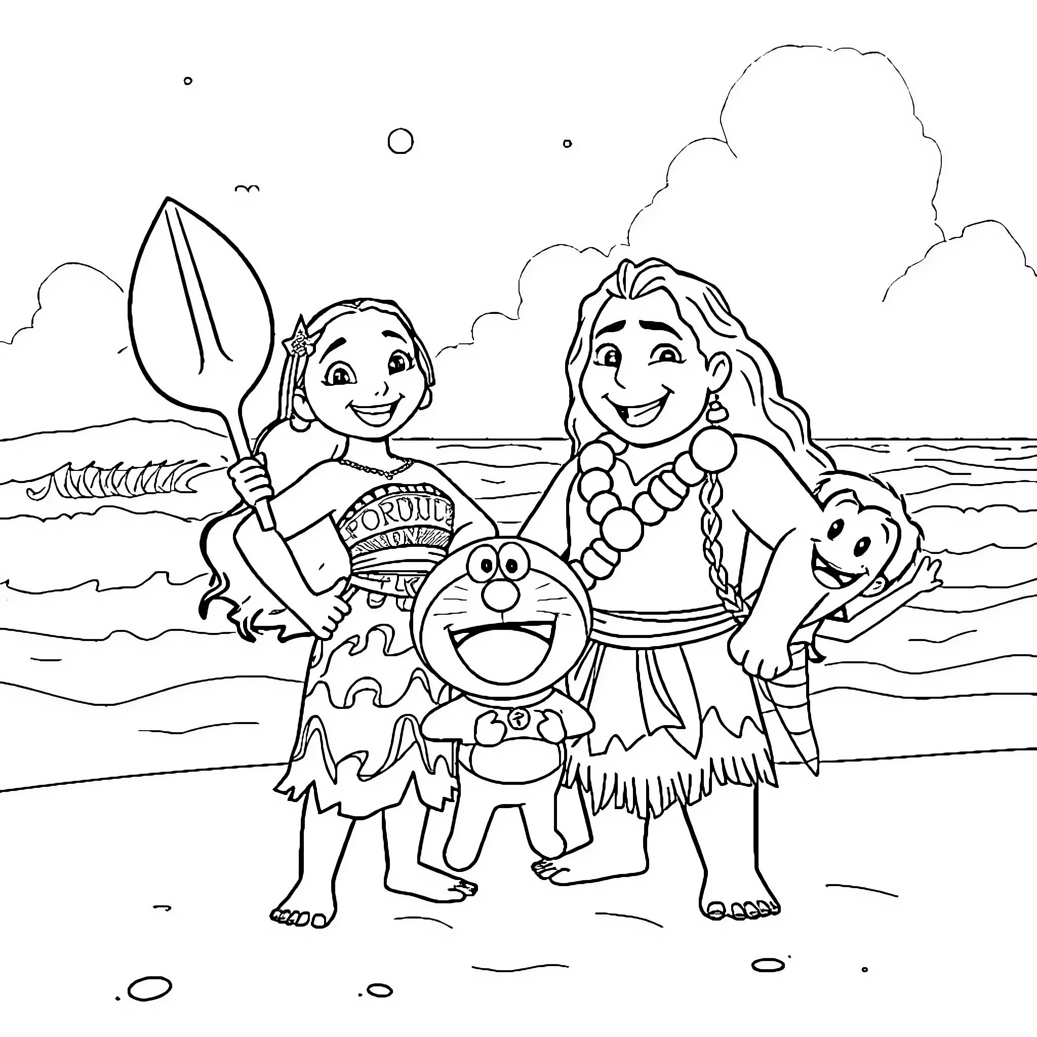 Moana and her friends exploring the tropical beach Coloring Page (free black-and-white line drawing printable PDF for all, from beginners to advanced learners, including children, teens, adults, and seniors)