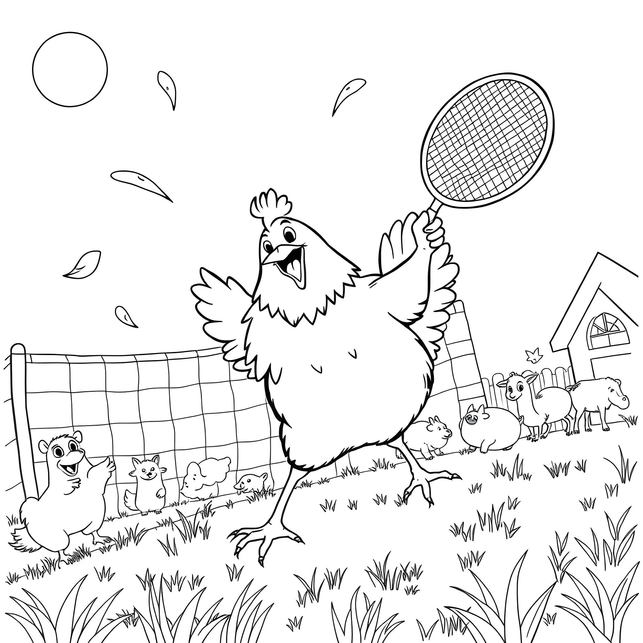 Chicken playing with racket in the yard Coloring Page (free black-and-white line drawing printable PDF for all, from beginners to advanced learners, including children, teens, adults, and seniors)