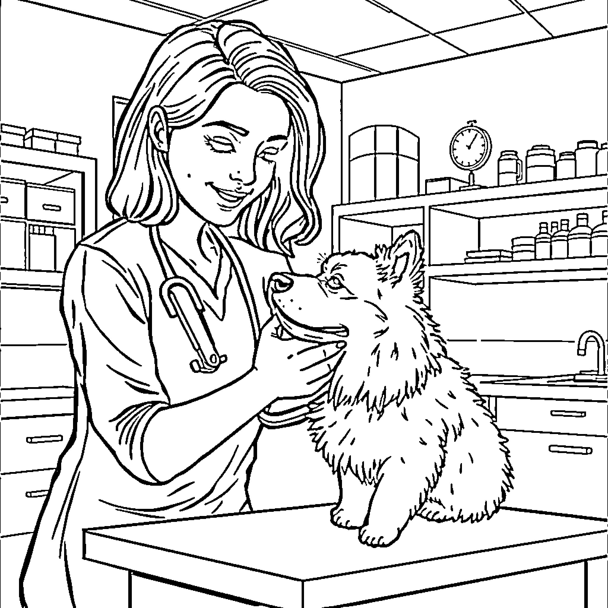 Veterinarian examining a friendly dog in the clinic Coloring Page (free black-and-white line drawing printable PDF for all, from beginners to advanced learners, including children, teens, adults, and seniors)