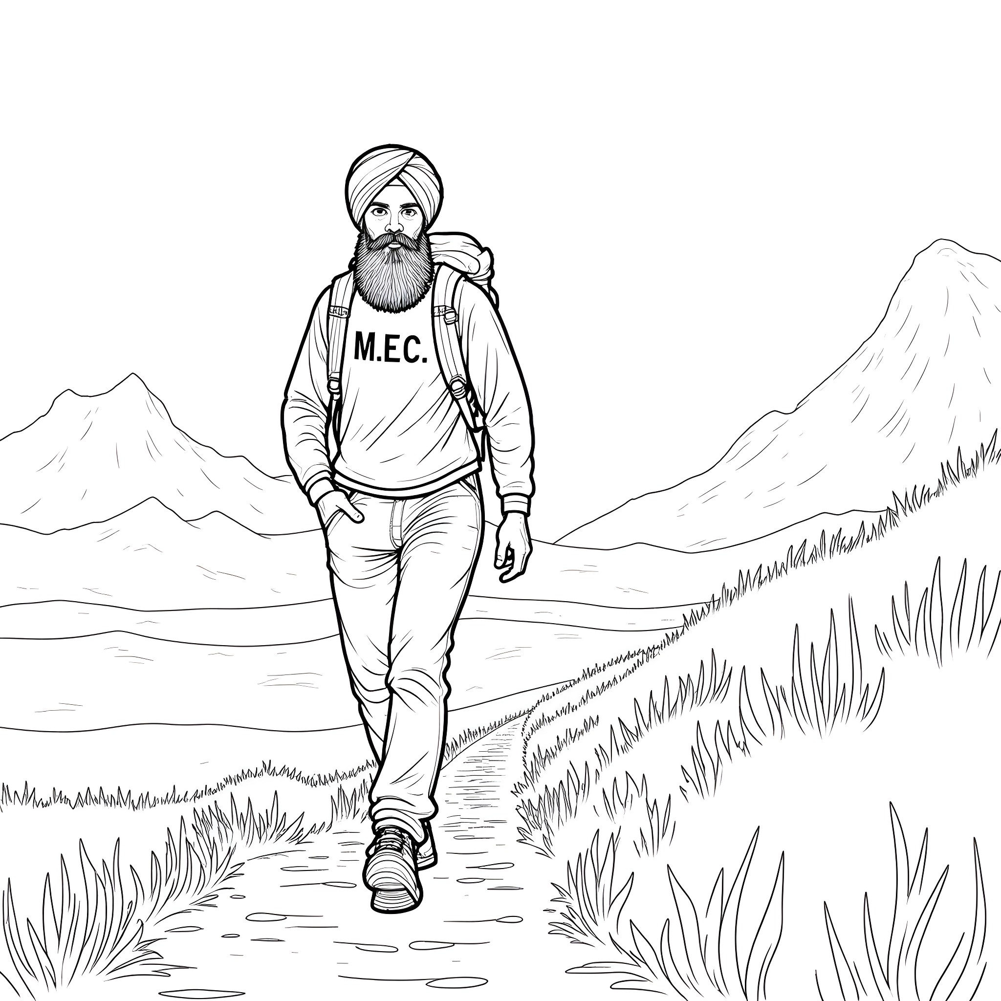 Man trekking through mountainous landscape Coloring Page (free black-and-white line drawing printable PDF for all, from beginners to advanced learners, including children, teens, adults, and seniors)