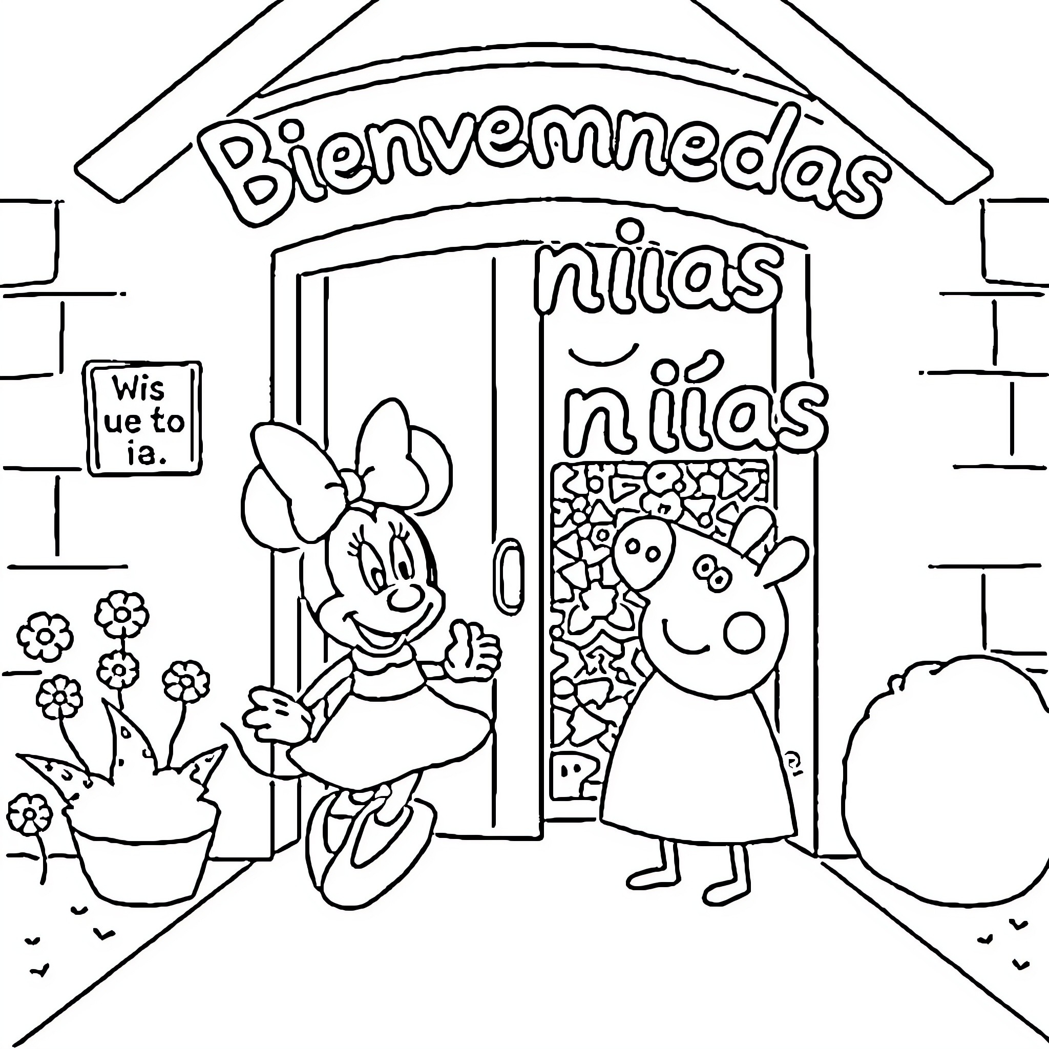 Minnie Mouse and Peppa Pig's Friendly Encounter Coloring Page (free black-and-white line drawing printable PDF for all, from beginners to advanced learners, including children, teens, adults, and seniors)
