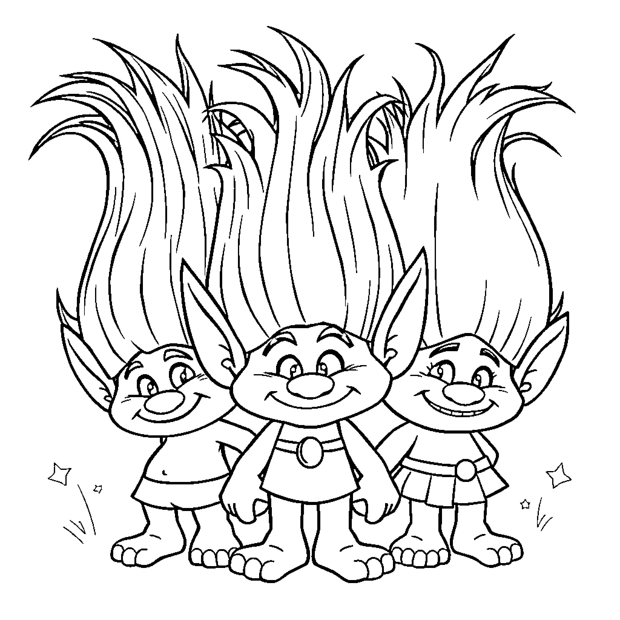 Troll characters with wild and colorful hairstyles Coloring Page (free black-and-white line drawing printable PDF for all, from beginners to advanced learners, including children, teens, adults, and seniors)