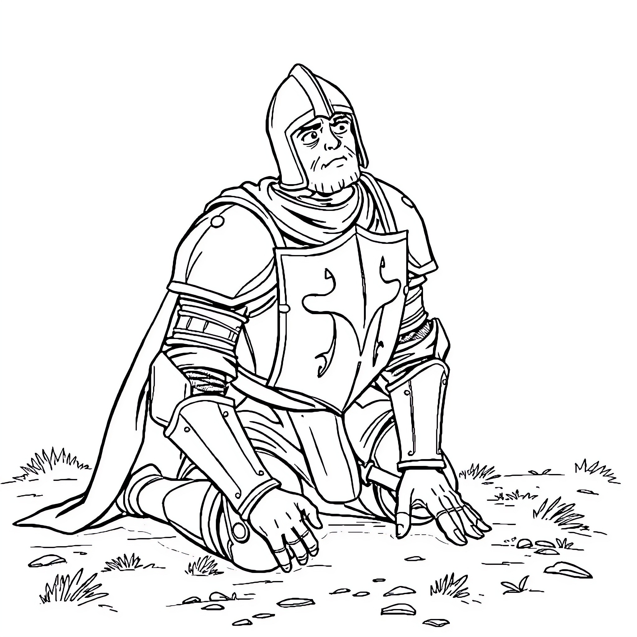 Knight resting wearily on the battlefield Coloring Page (free black-and-white line drawing printable PDF for all, from beginners to advanced learners, including children, teens, adults, and seniors)